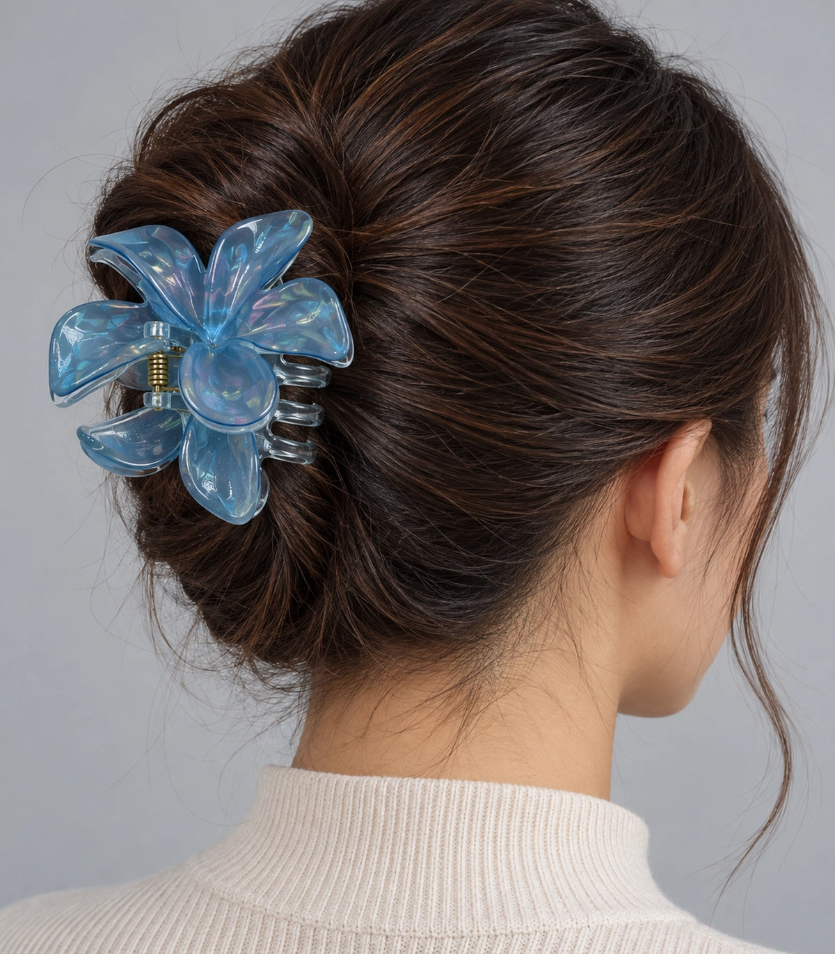 JIMIKI Iridescent Five Petal Flower Hair Claw Clips in Blue, model wearing view #color_blue