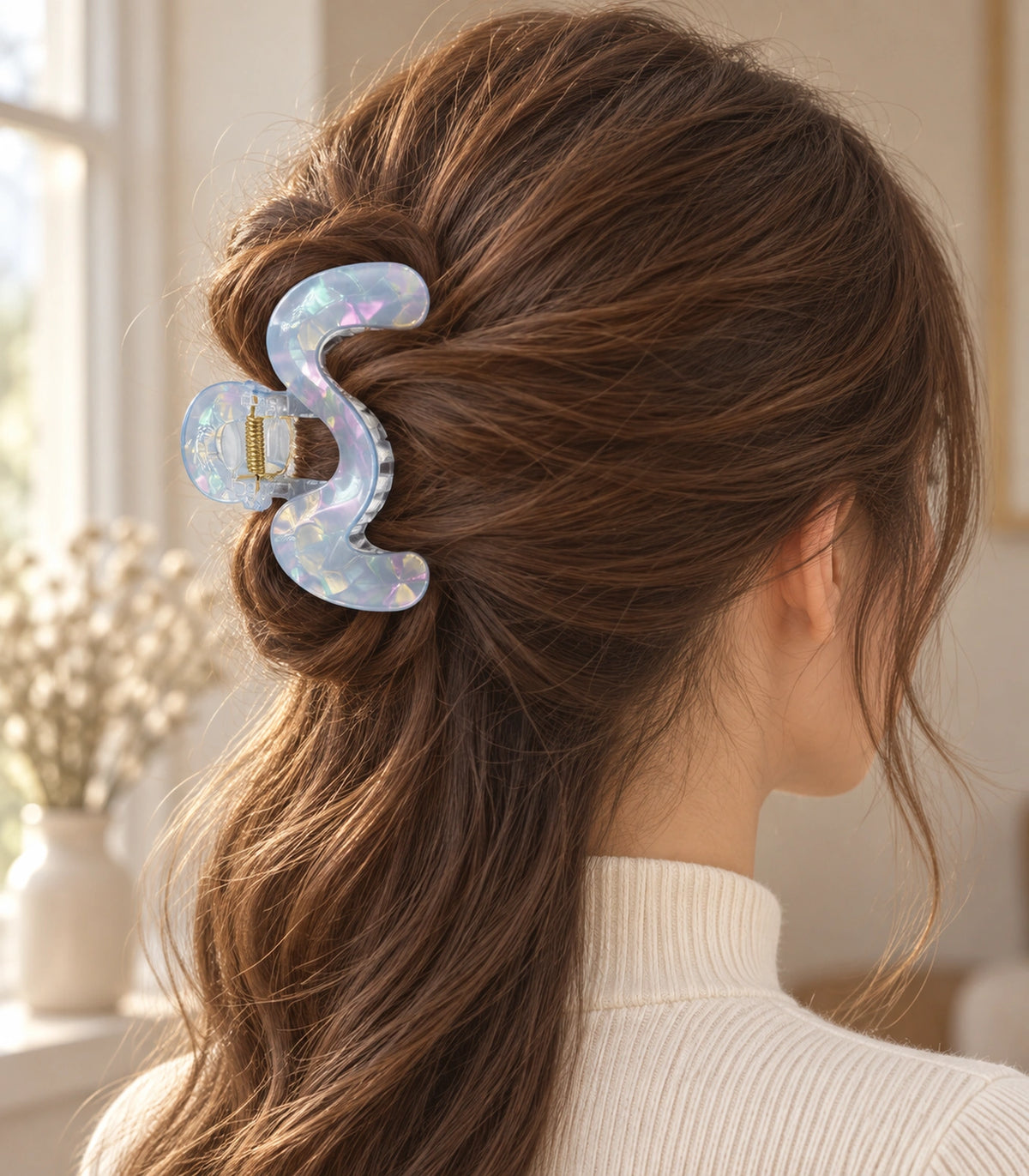 JIMIKI Iridescent S Shaped Hair Claw Clips in Blue, editorial model view #color_blue
