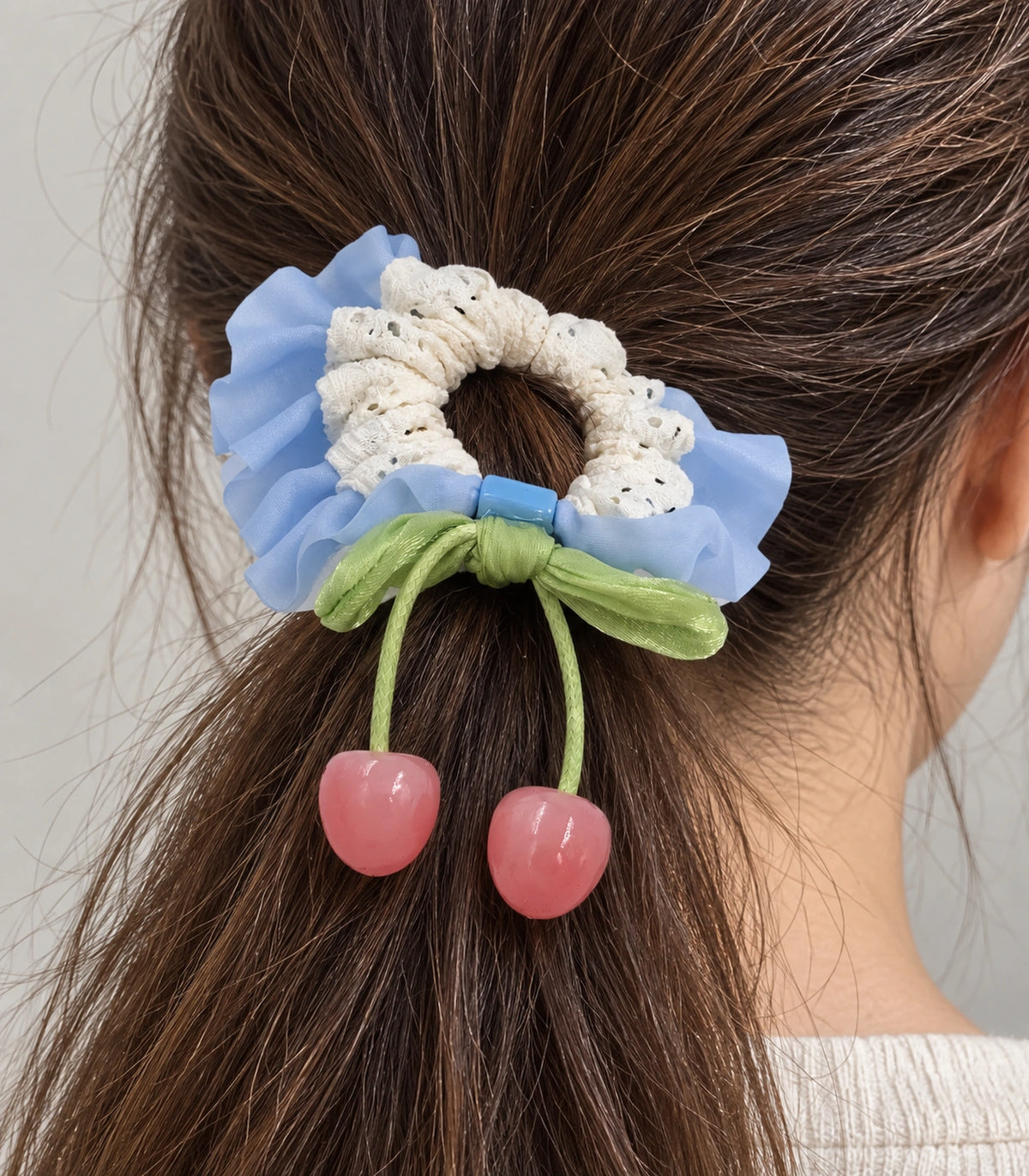 JIMIKI Lace Scrunchie With Cherry Charms in Blue, close-up detail #color_blue
