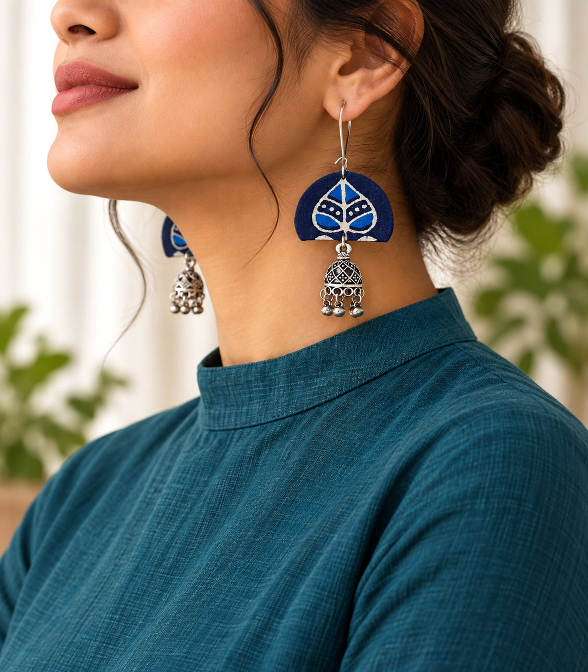 Blue Leaf Fabric Jhumka Earrings — editorial model view