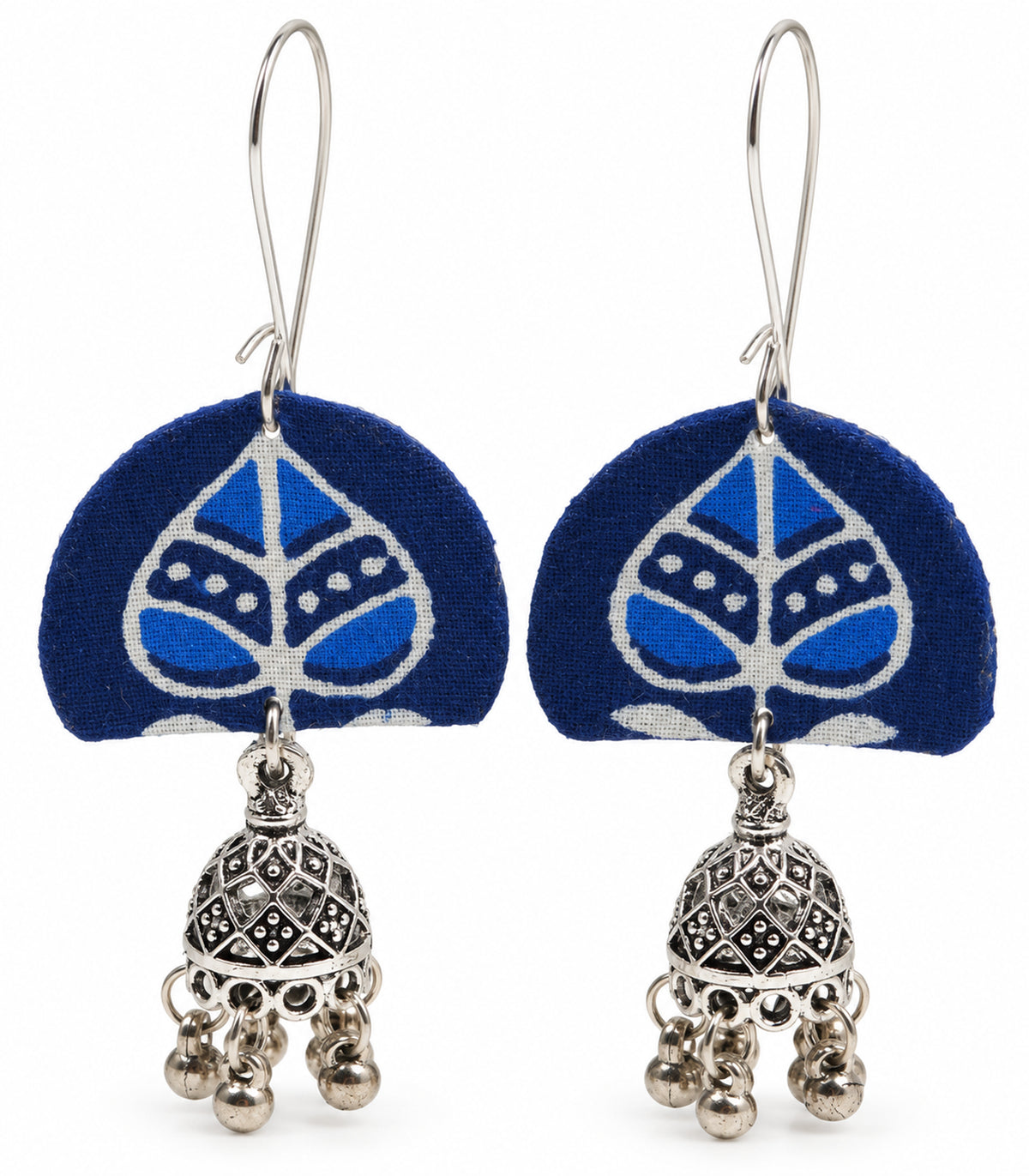 Blue Leaf Fabric Jhumka Earrings — white background view