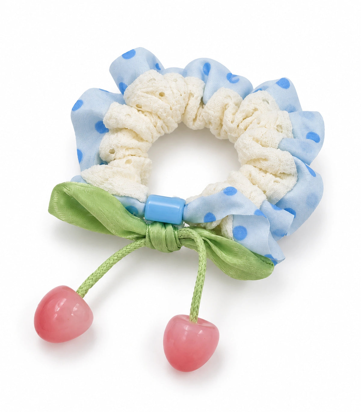 JIMIKI Polka Dot Lace Scrunchie With Cherry Charms in Blue, white background product view #color_blue