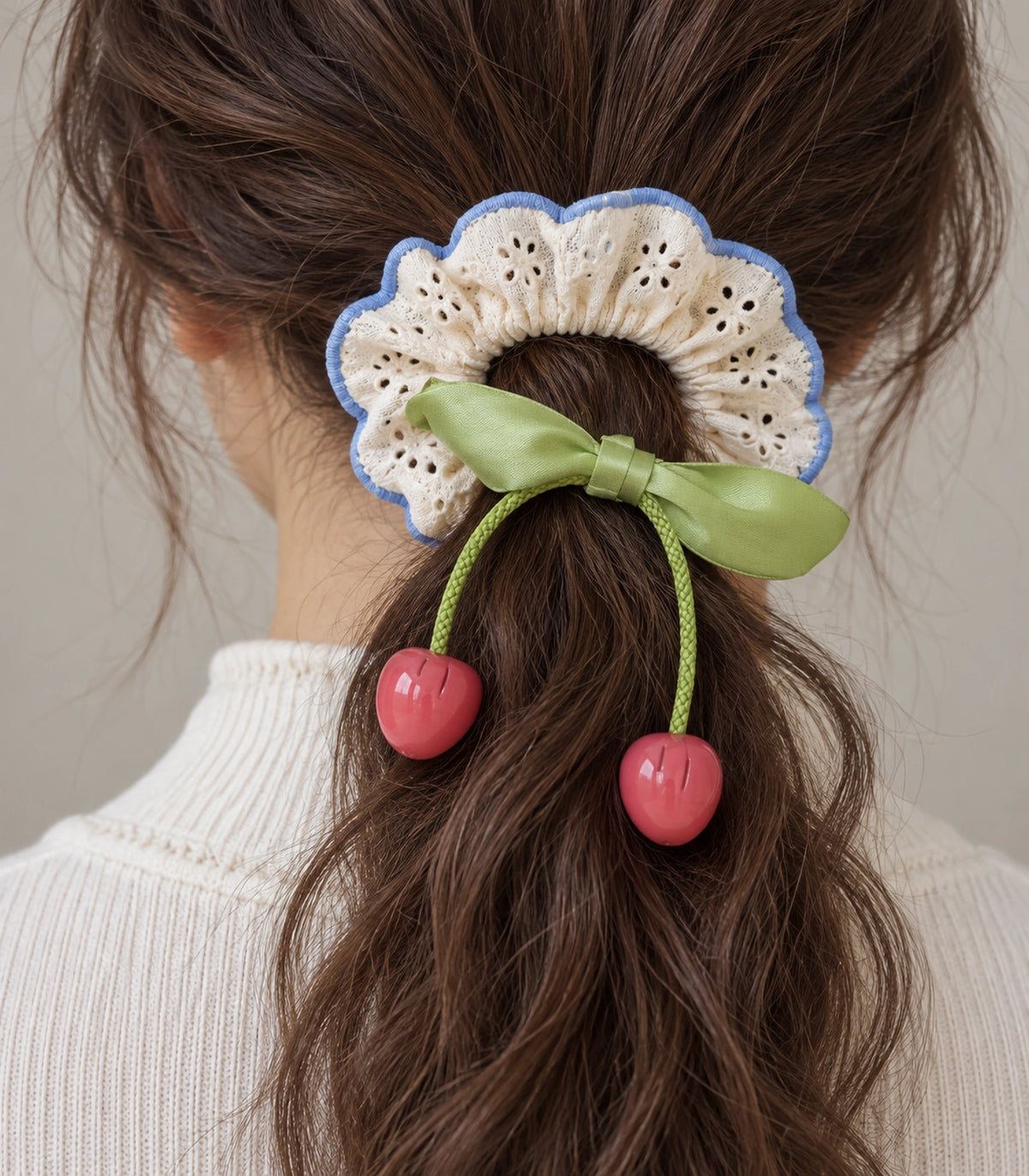JIMIKI Trim Lace Scrunchie With Cherry Charms in Blue Trim, close-up detail #color_blue trim