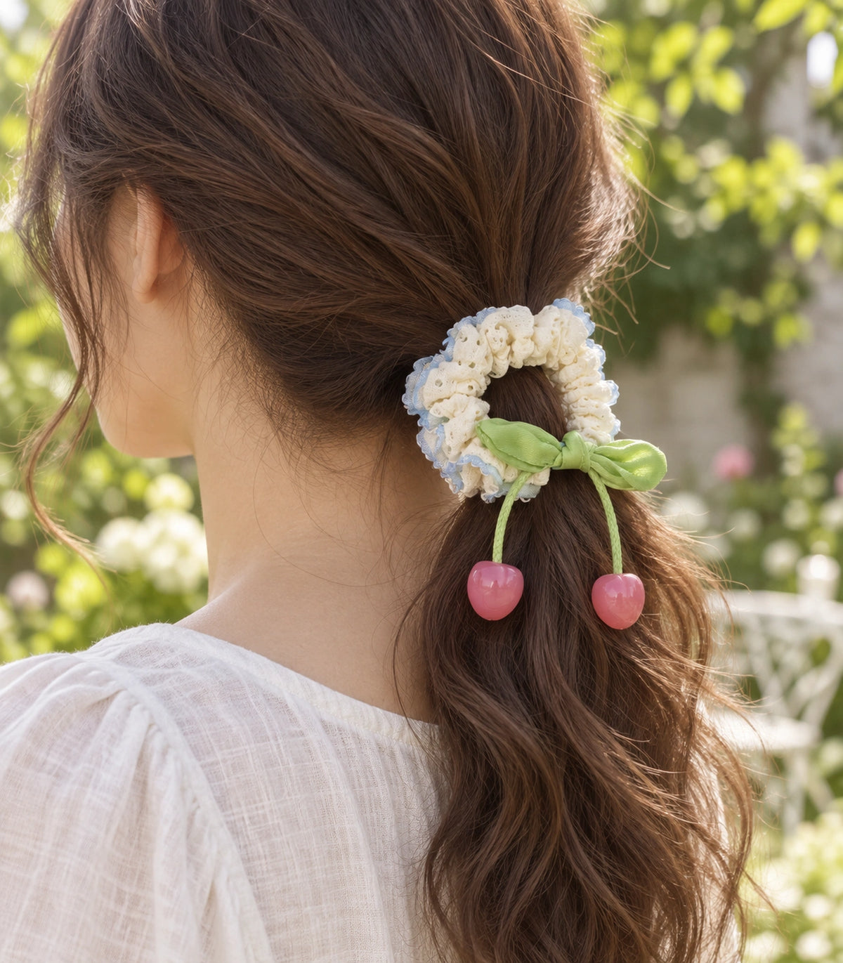 JIMIKI Trim Lace Scrunchie With Cherry Charms in Blue Trim, editorial model view #color_blue trim