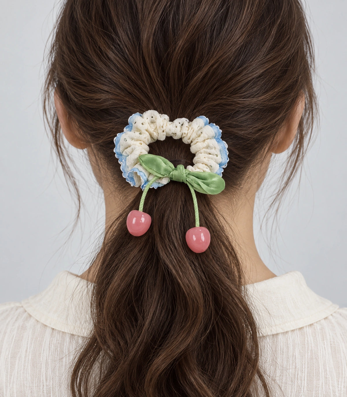JIMIKI Trim Lace Scrunchie With Cherry Charms in Blue Trim, model wearing view #color_blue trim