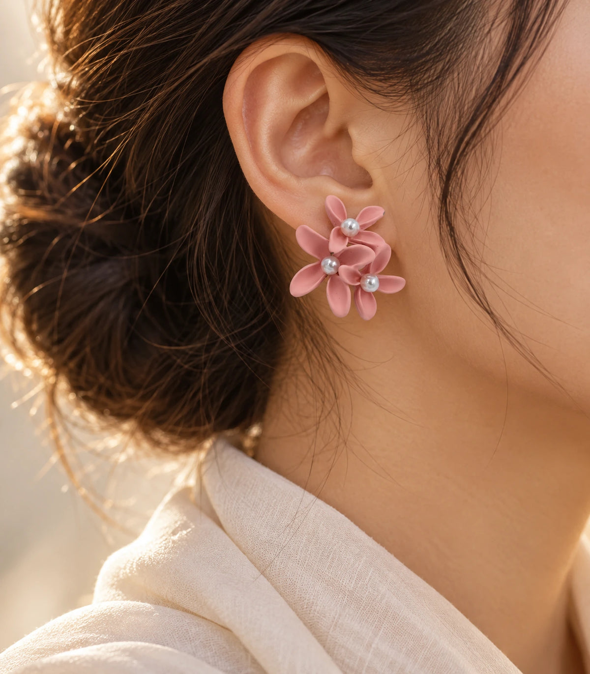 JIMIKI Blush Pink cascading floral cluster stud earrings, worn with softly lit editorial styling #color_blush pink
