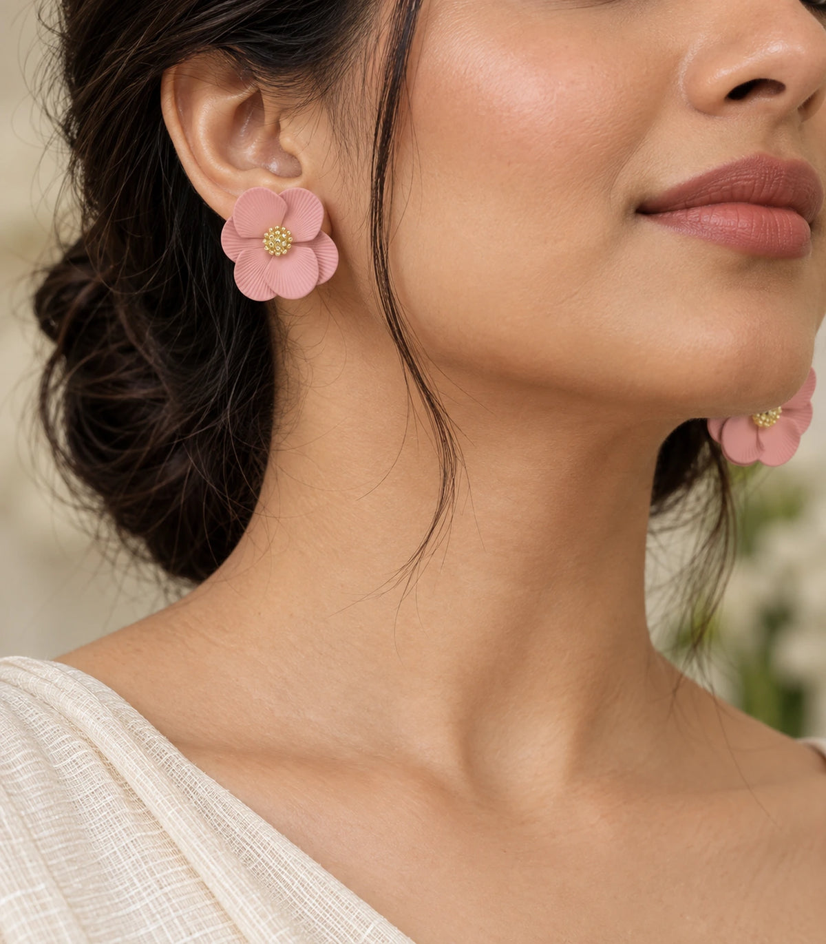 JIMIKI Blush Pink ribbed flower stud earrings, styled worn editorial view #color_blush pink