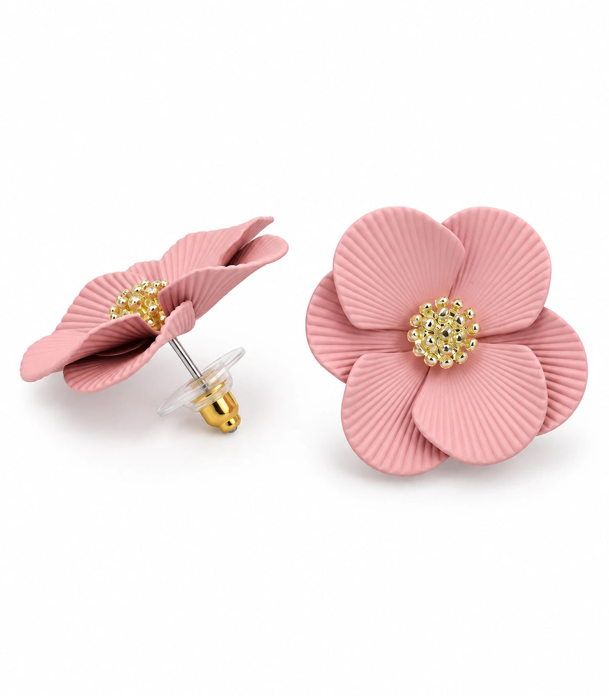JIMIKI Blush Pink ribbed flower stud earrings, pair on a white background #color_blush pink