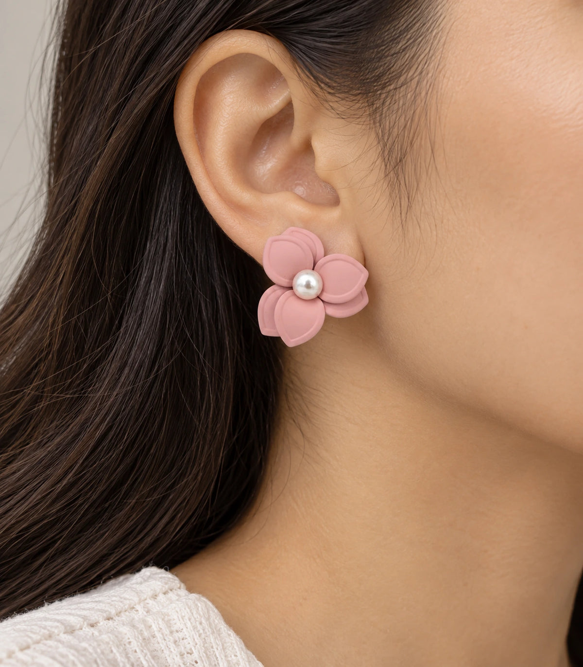 JIMIKI Blush Pink Triple Petal Pearl Flower Stud Earrings - earring worn on model #color_blush pink