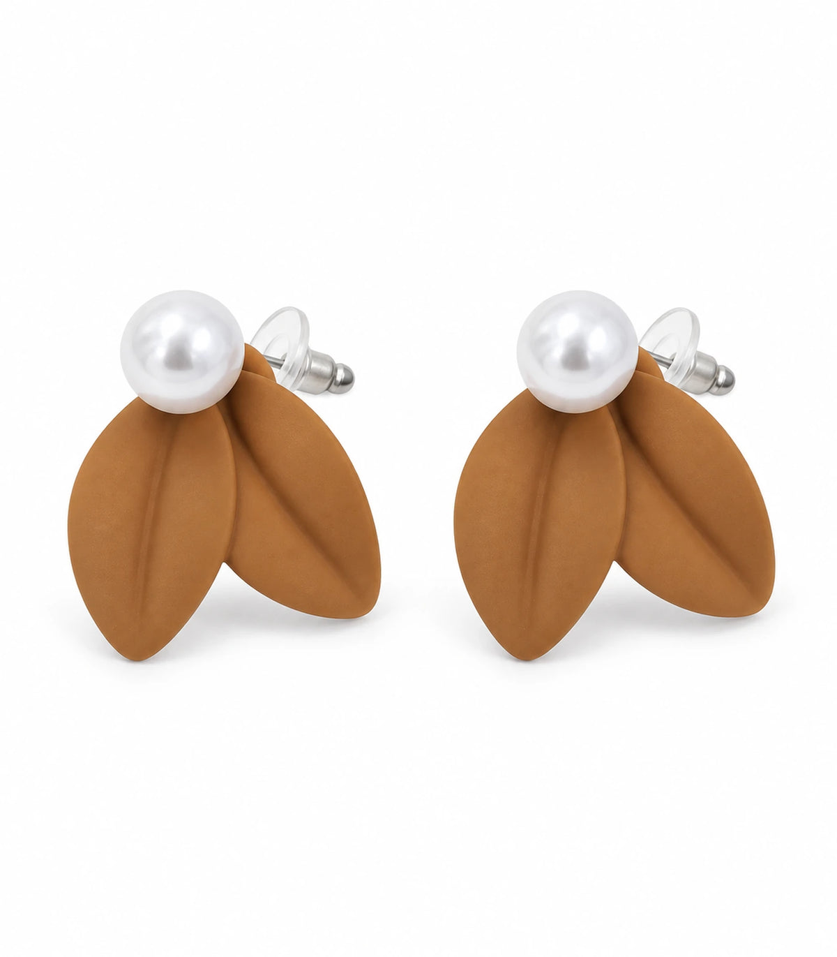 JIMIKI Double Leaf Pearl Stud Earrings in Camel — pair on white background #color_camel