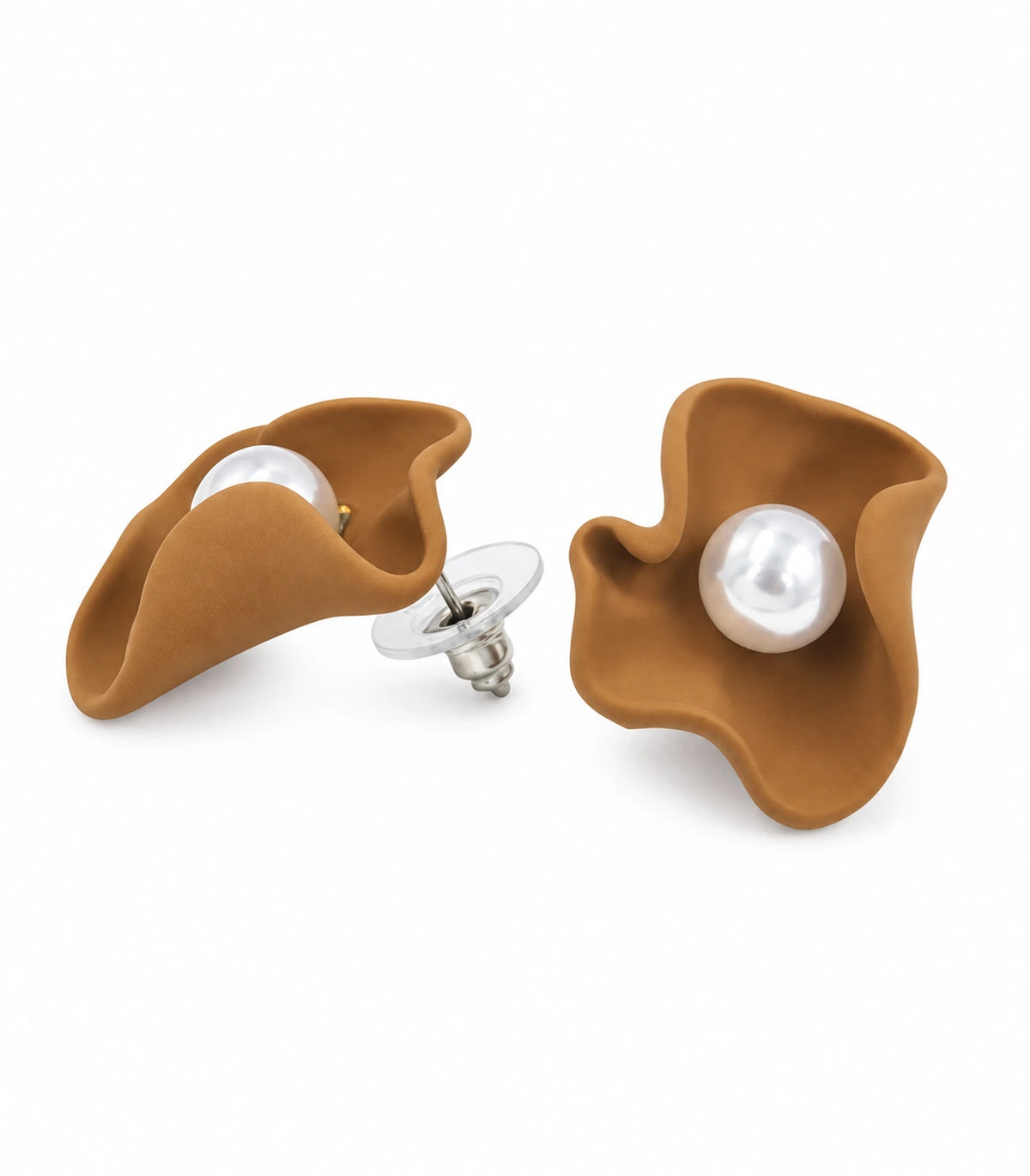 JIMIKI Folded Calla Pearl Stud Earrings, Camel — pair on white background #color_camel