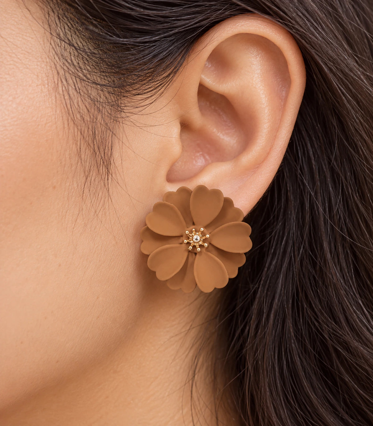 JIMIKI Camel Layered Daisy Stud Earrings - layered scalloped petals and gold-tone centre worn close-up #color_camel