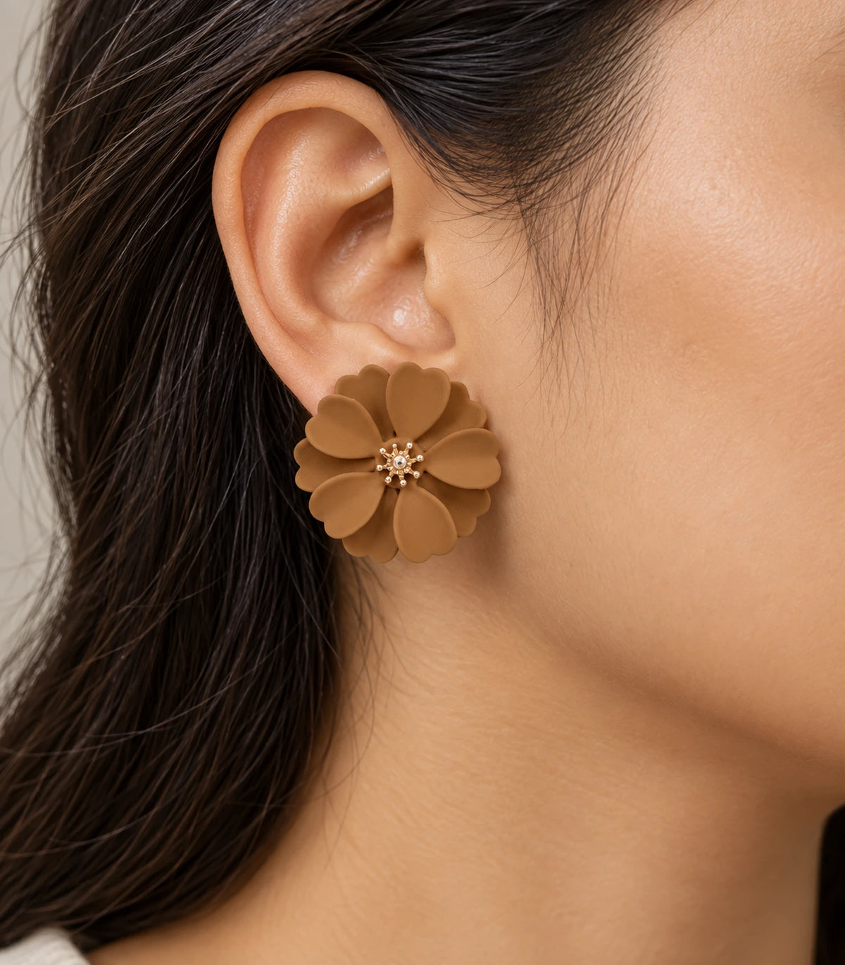 JIMIKI Camel Layered Daisy Stud Earrings - earring worn on model #color_camel