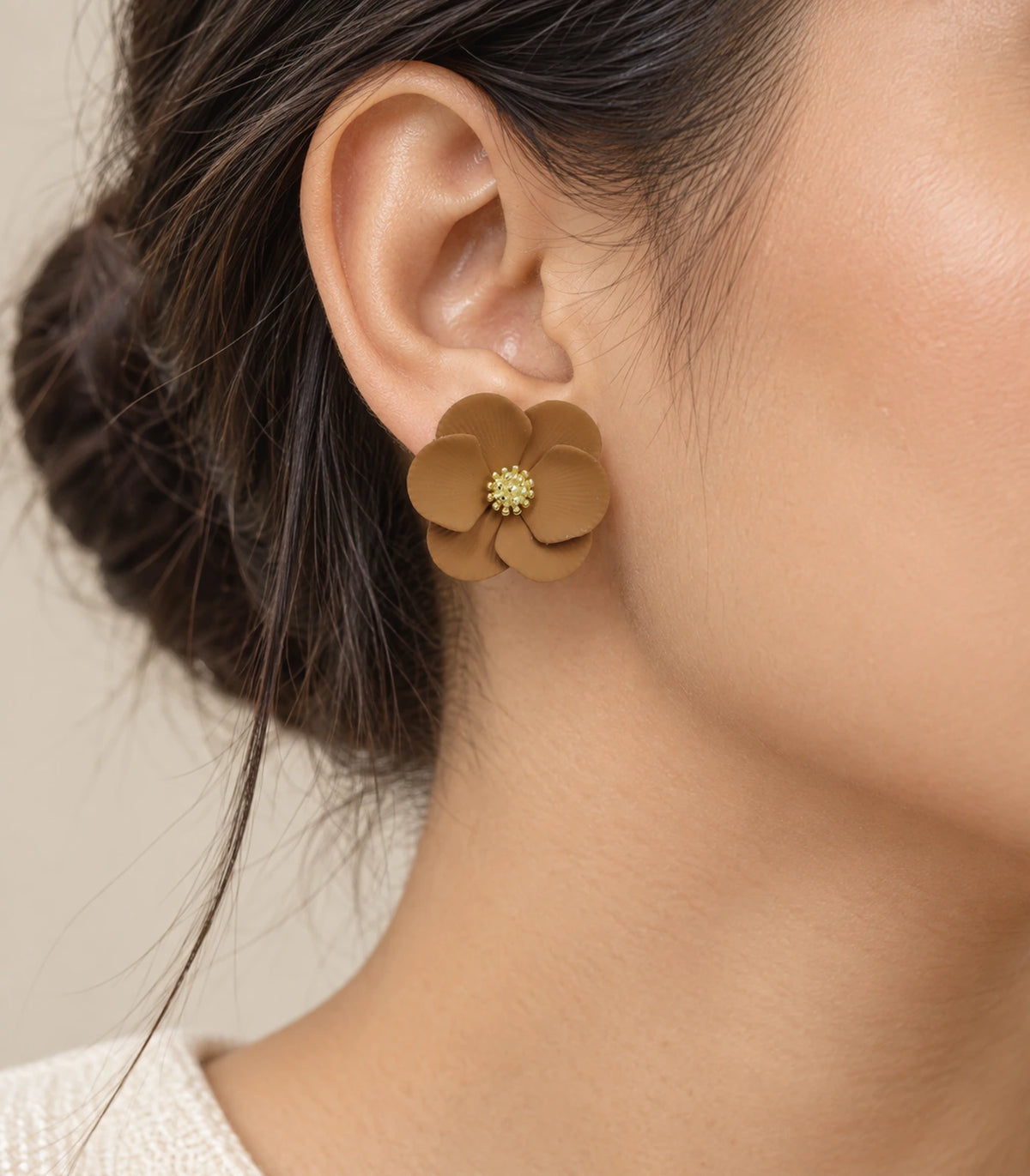 JIMIKI Camel ribbed flower stud earrings, worn view showing the flower stud #color_camel