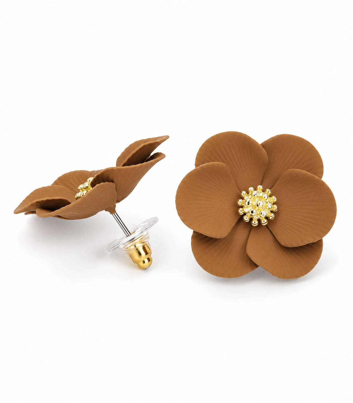 JIMIKI Camel ribbed flower stud earrings, pair on a white background #color_camel