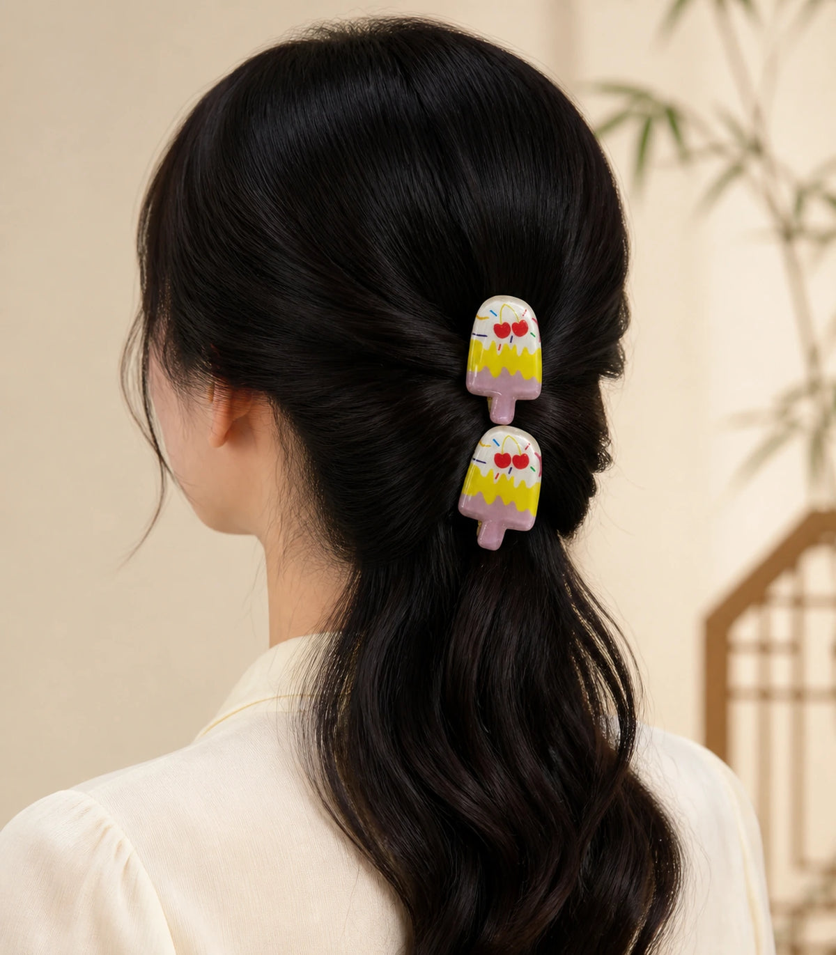 Editorial model view of the Cherry Sprinkle Layered Popsicle Clip Pair