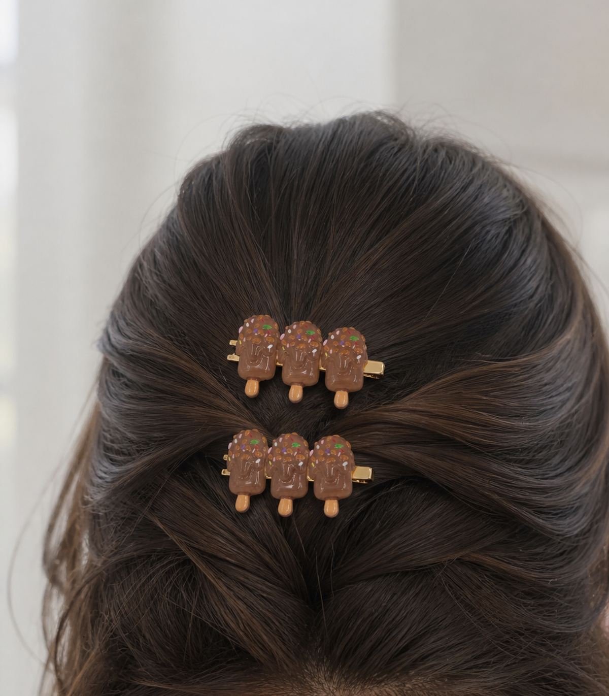 Chocolate Iced Pop Trio Clip Pair worn in hair
