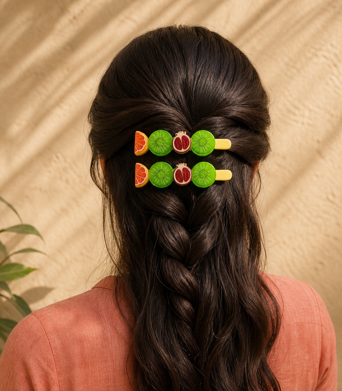 Citrus Kiwi Pomegranate Barrette Pair in a styled editorial view