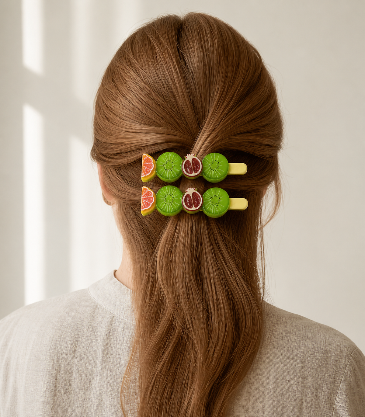 Citrus Kiwi Pomegranate Barrette Pair worn in hair