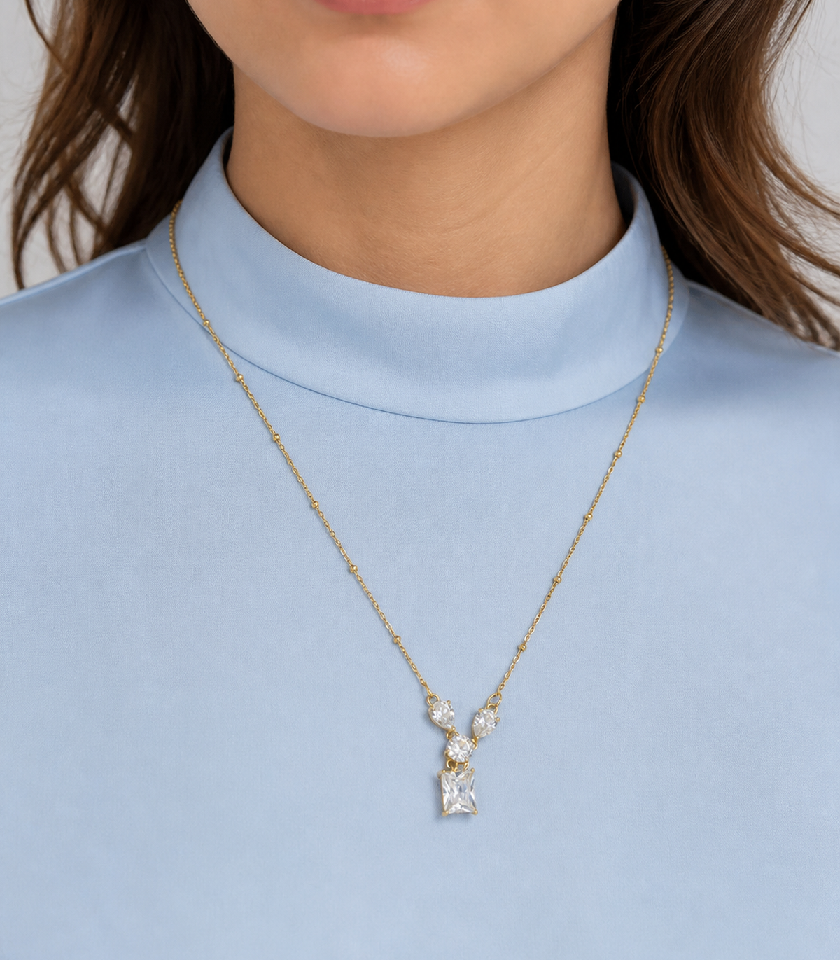 Clear Crystal Pendant Necklace worn by model