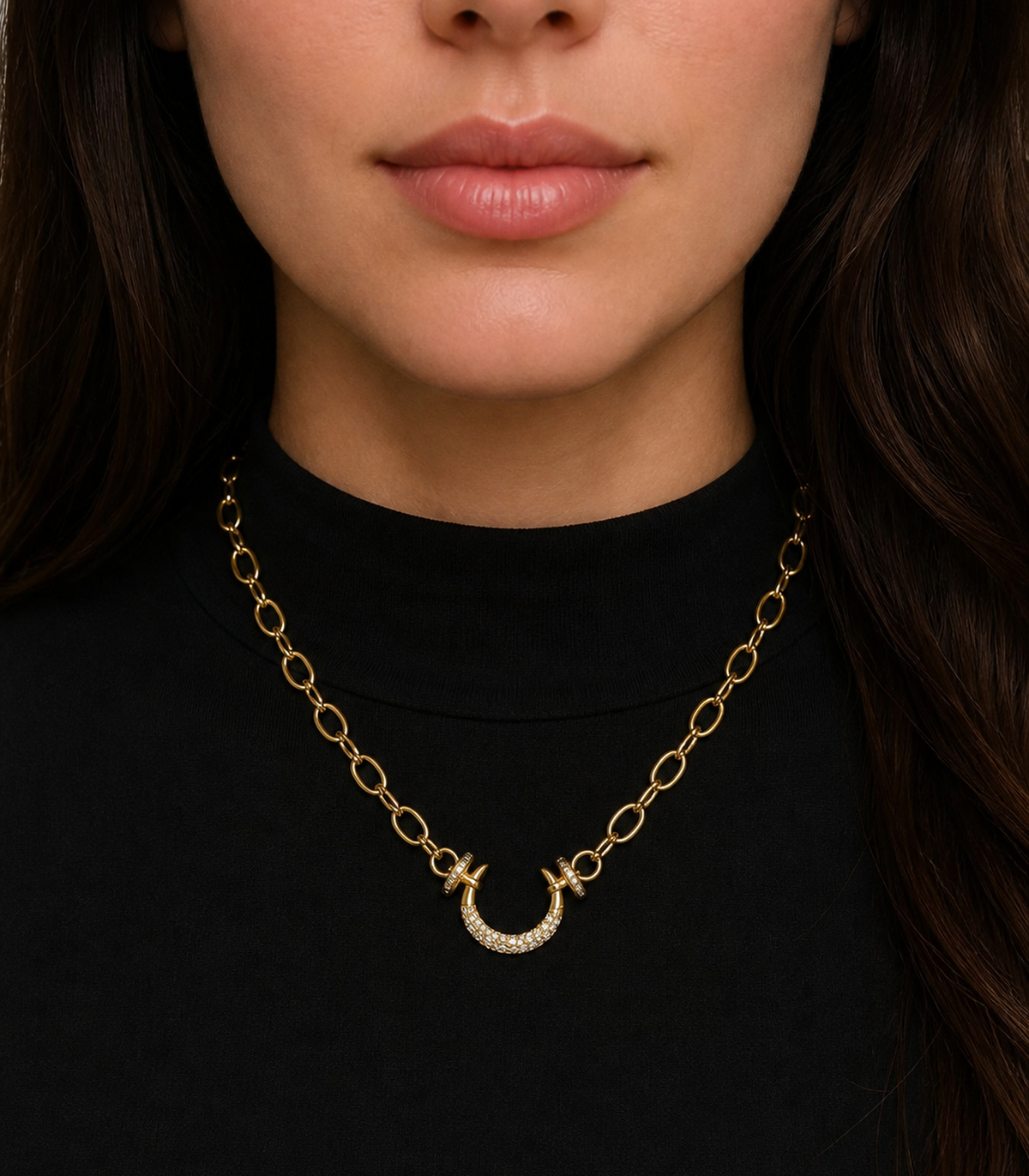 Crystal Horseshoe Oval Link Necklace styled in a flat lay
