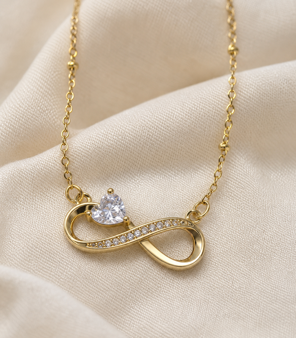 Close-up of Crystal Infinity Heart Necklace