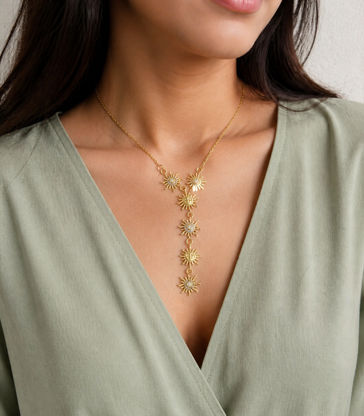 Crystal Sun Y Necklace styled on a model