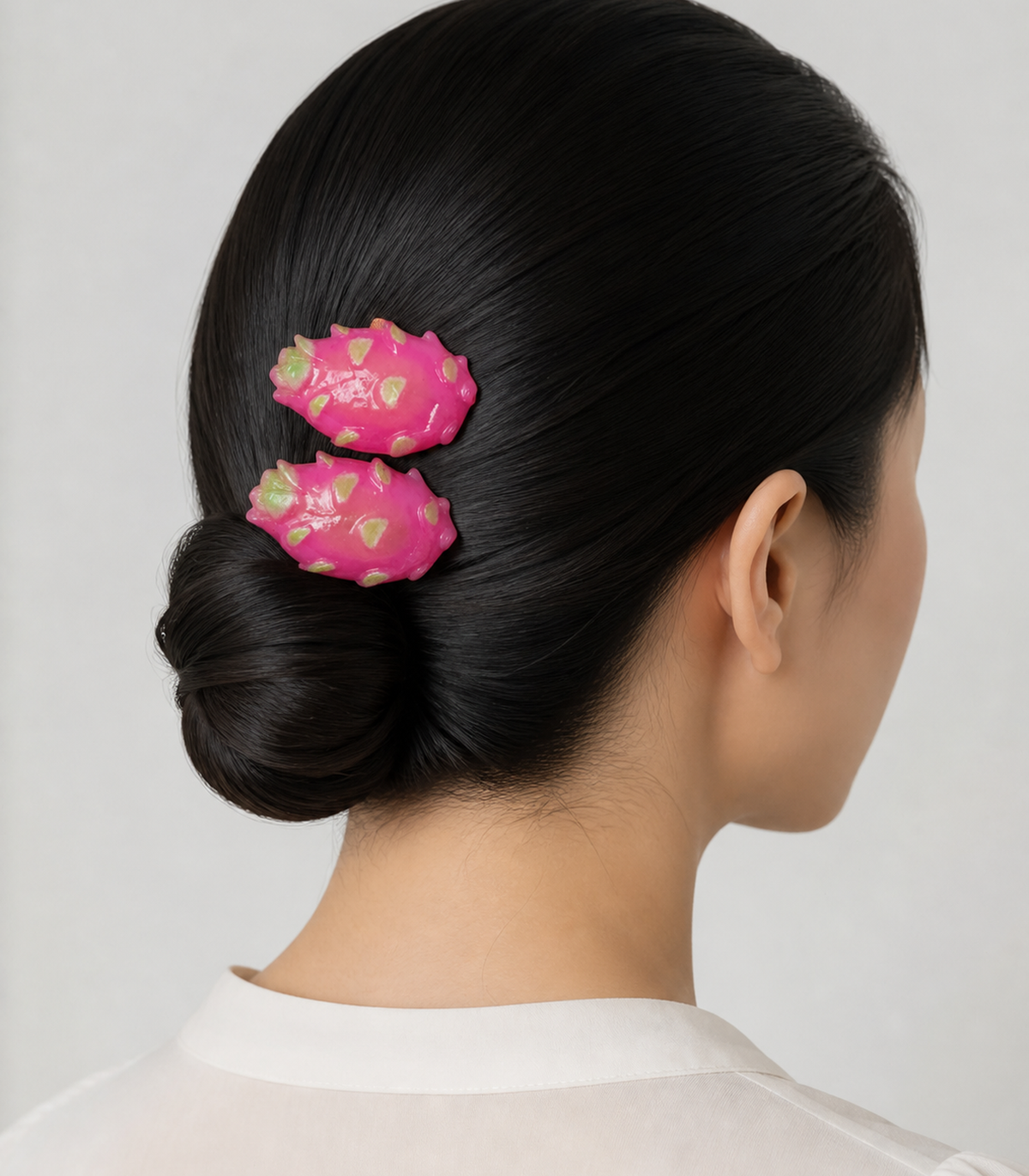 Dragon Fruit Barrette Pair styled editorial view