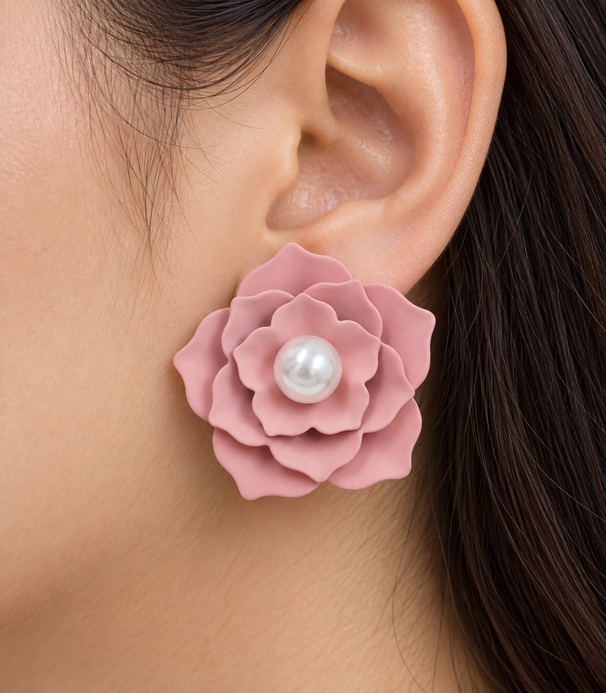 JIMIKI Layered Flower Pearl Stud Earrings, Dusty Pink — worn close-up showing petal detail #color_dusty pink