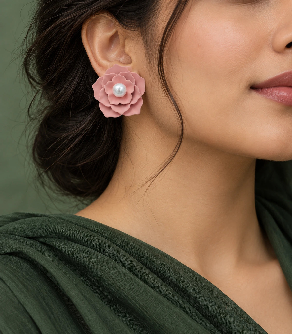 JIMIKI Layered Flower Pearl Stud Earrings, Dusty Pink — earrings styled with an outfit #color_dusty pink