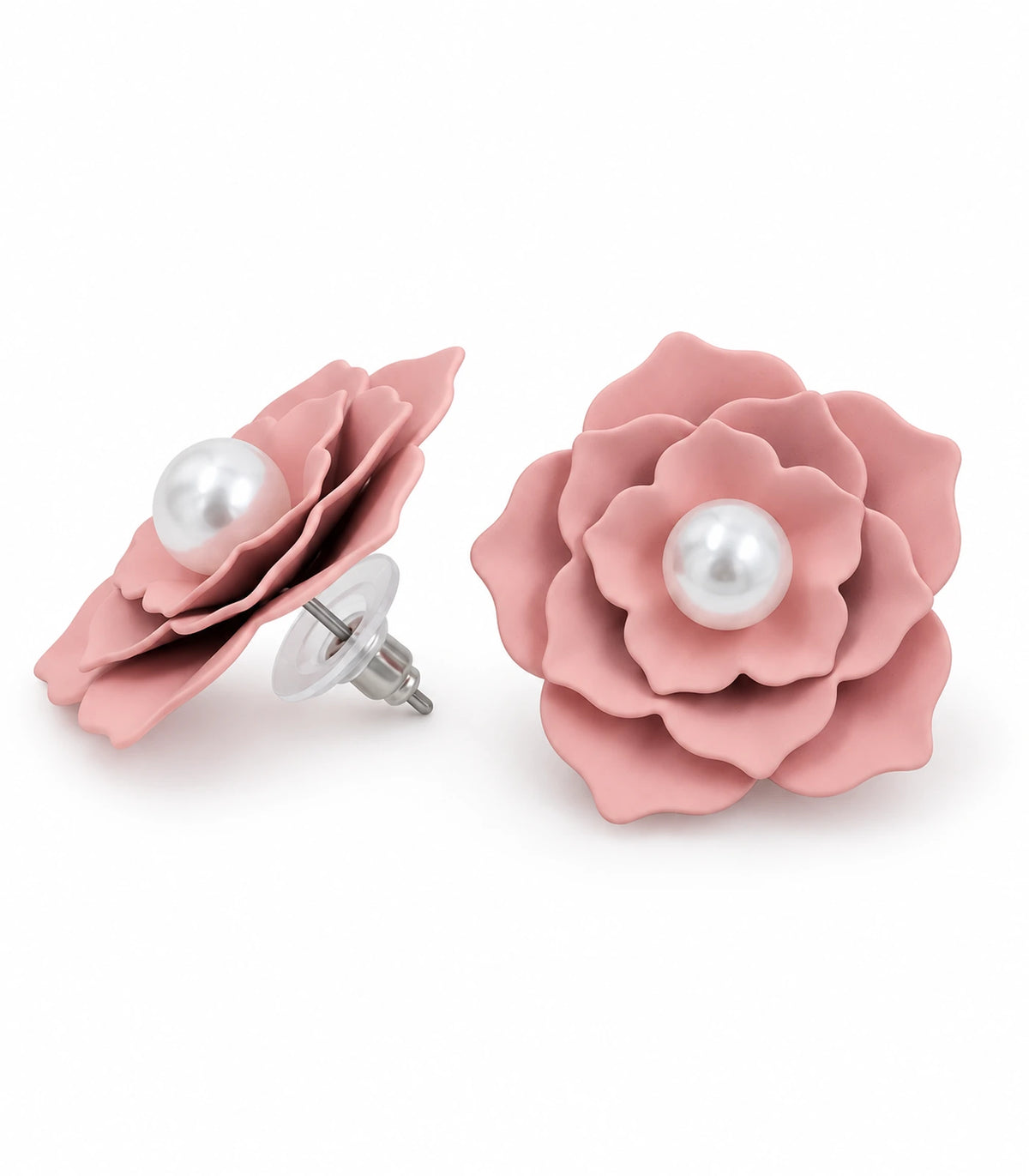 JIMIKI Layered Flower Pearl Stud Earrings, Dusty Pink — pair on white background #color_dusty pink