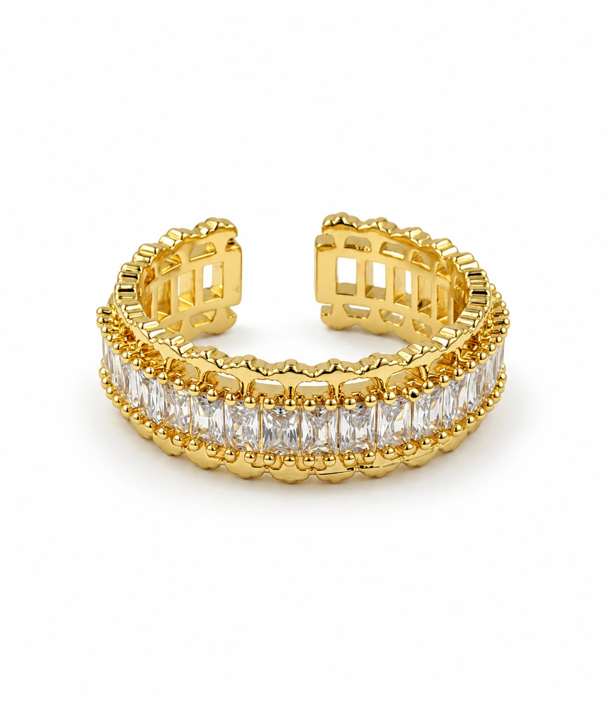 Gold-tone open ring with clear rectangular stones, shown complete on white