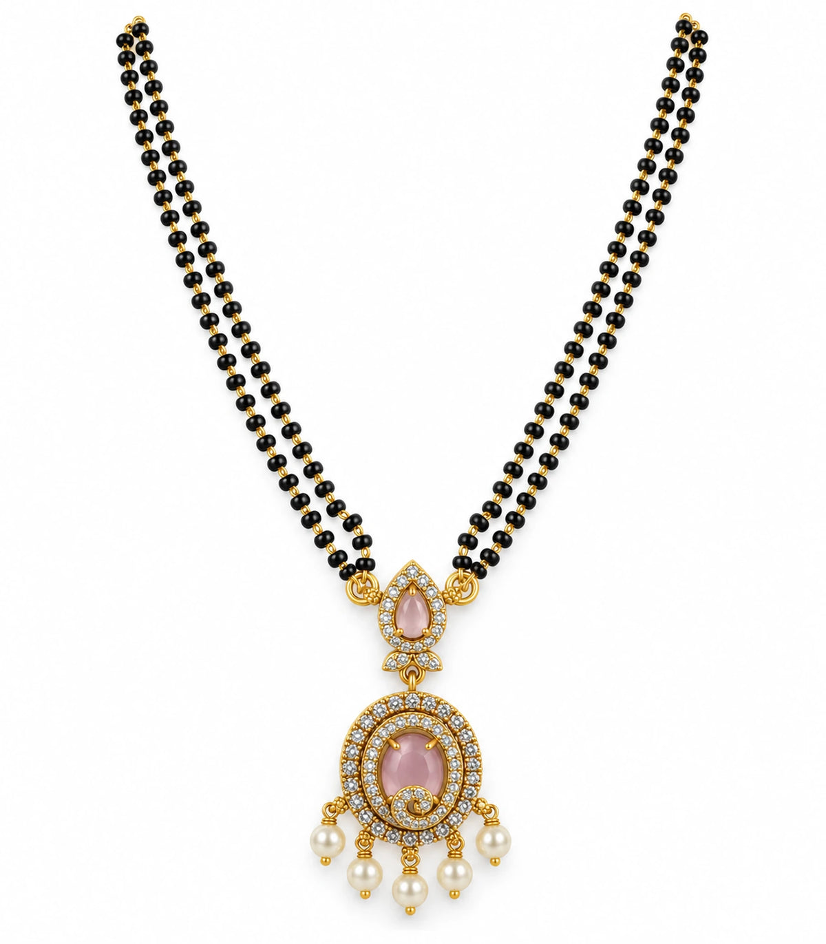 Gold-tone blush pendant necklace with double black-bead strands and five pearl drops on white