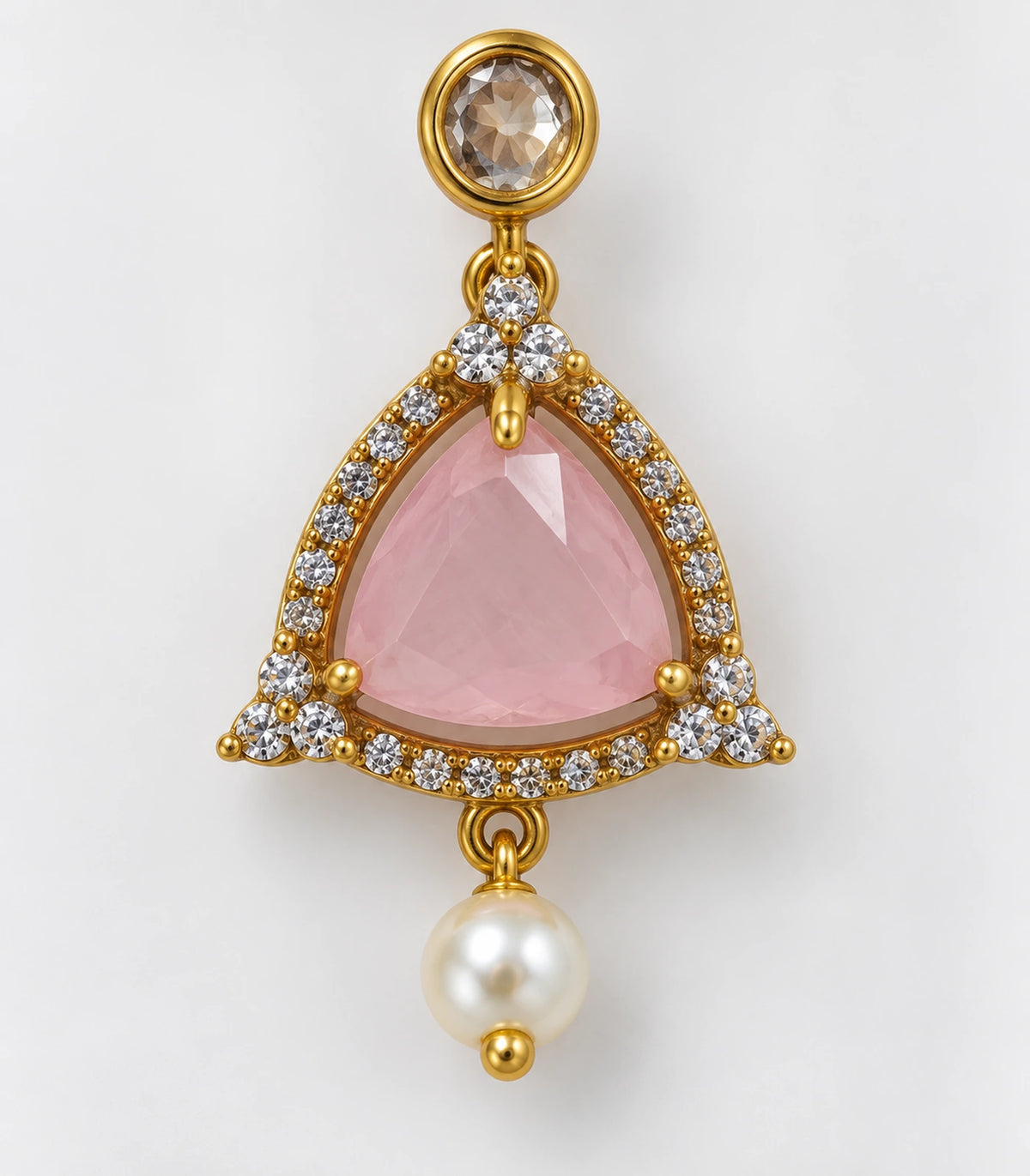Detail of the blush pink bordered drop earring with clear oval top and pearl-like bead