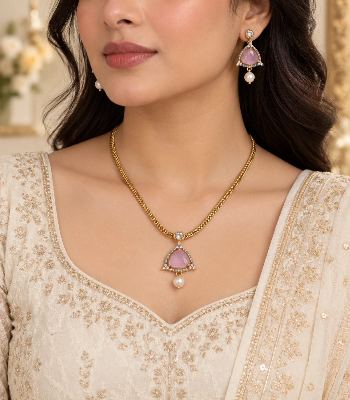 Blush pink necklace and matching drop earrings worn with an embroidered outfit