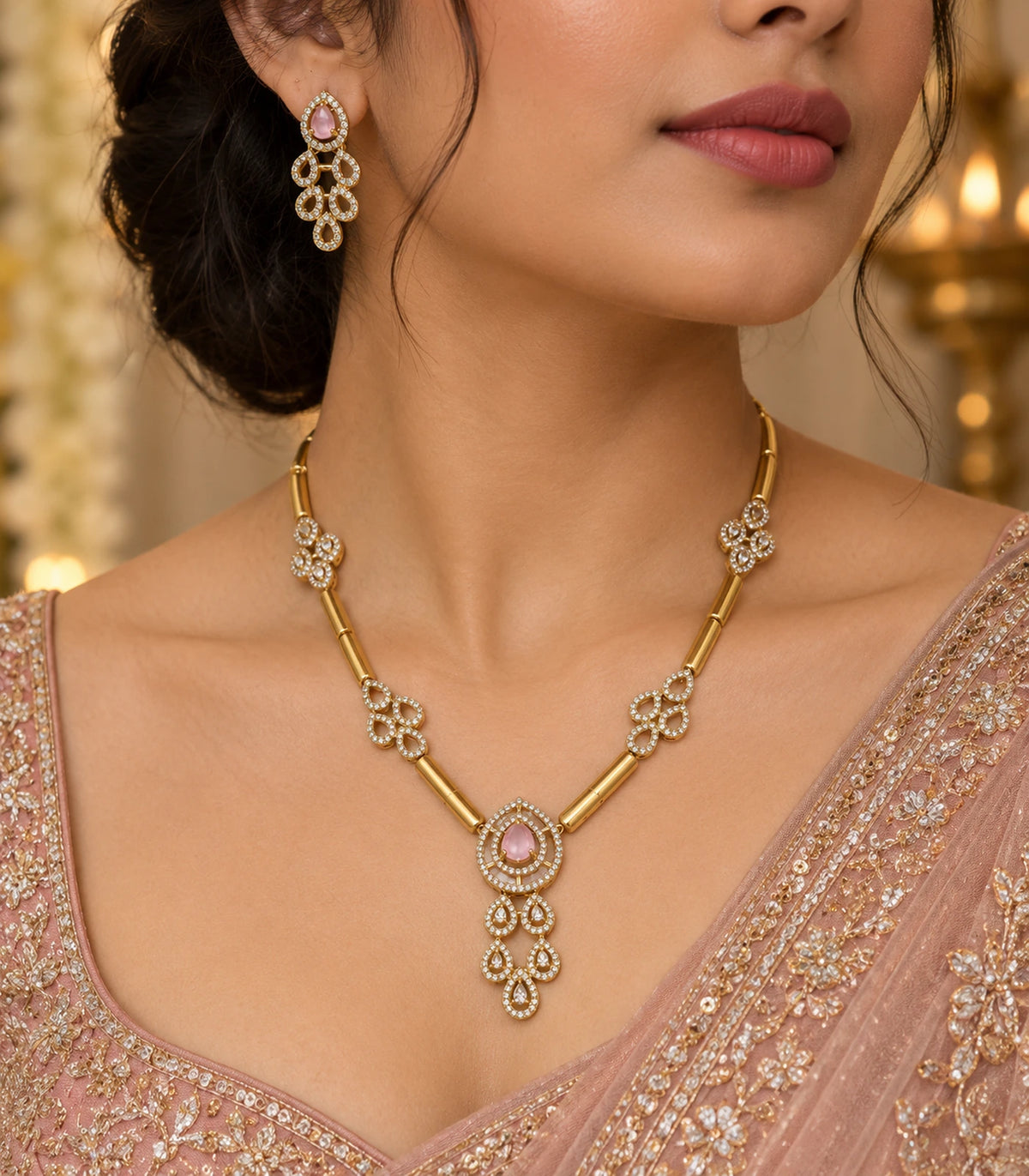 Three-quarter styling view of the gold-tone blush teardrop necklace and matching earring