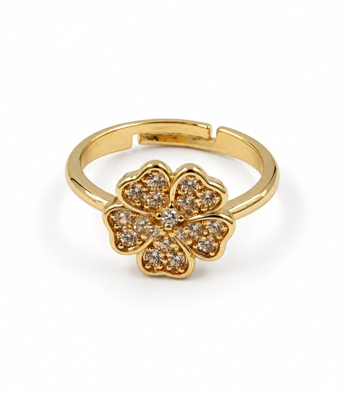 Gold-tone champagne crystal flower ring on a white background