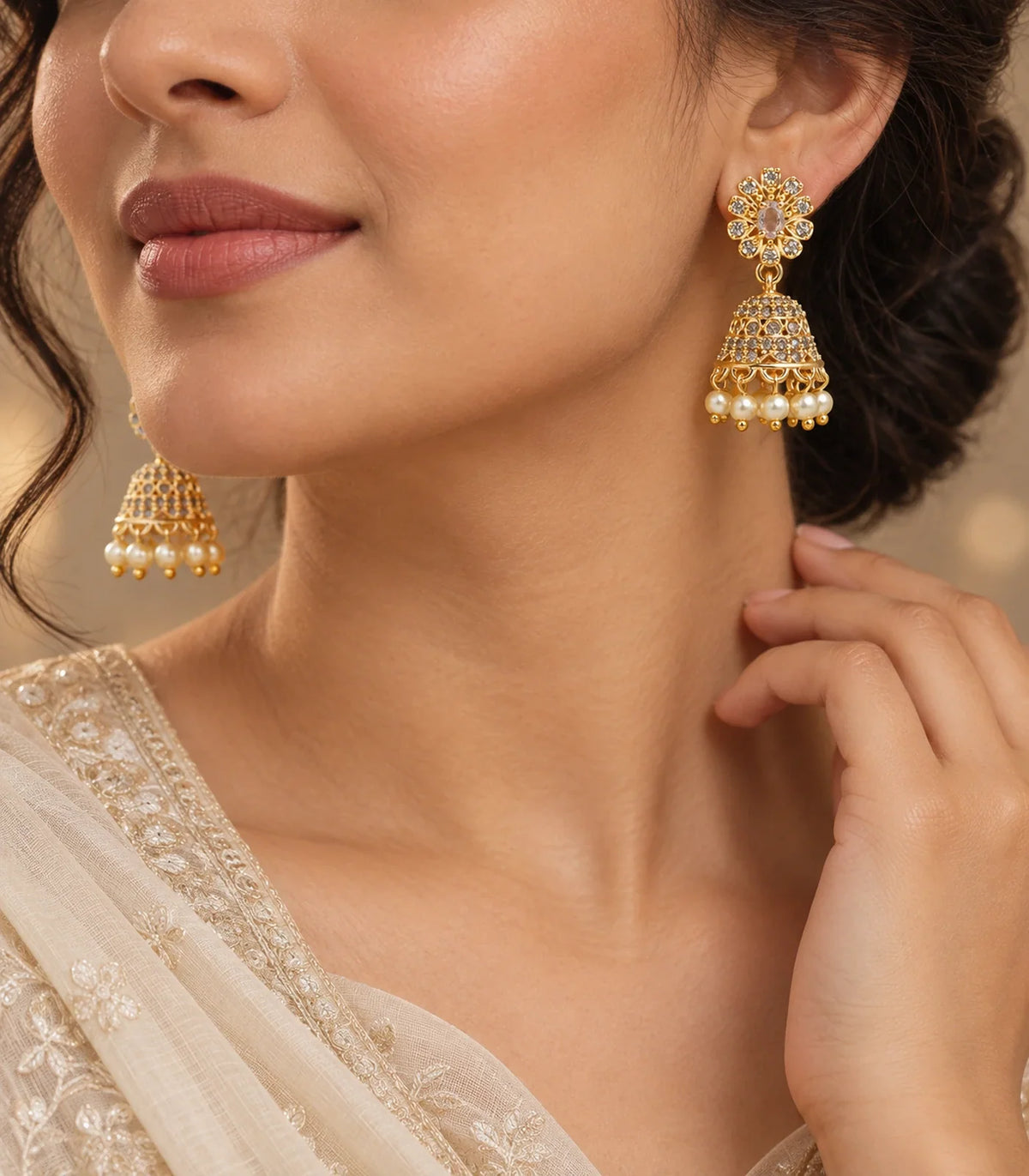 Champagne floral jhumka earrings with gold-tone domes and cream bead fringes in an editorial worn view
