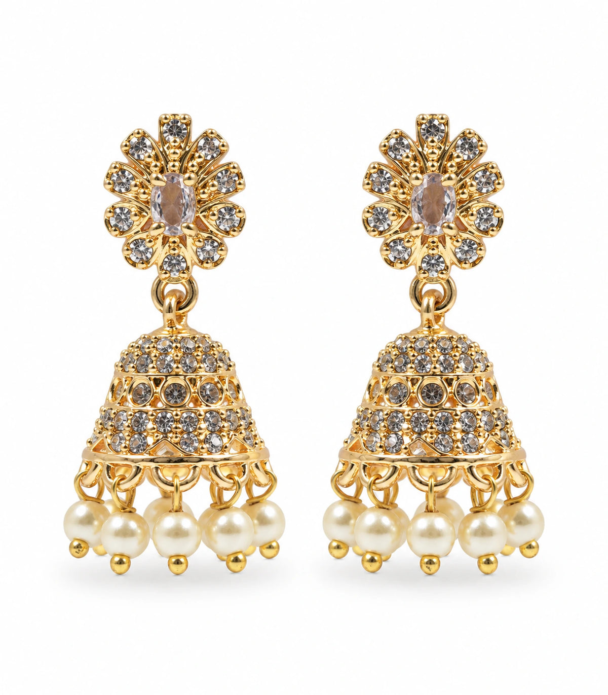 Matching pair of gold-tone champagne floral jhumka earrings with cream pearl-like bead fringes on white