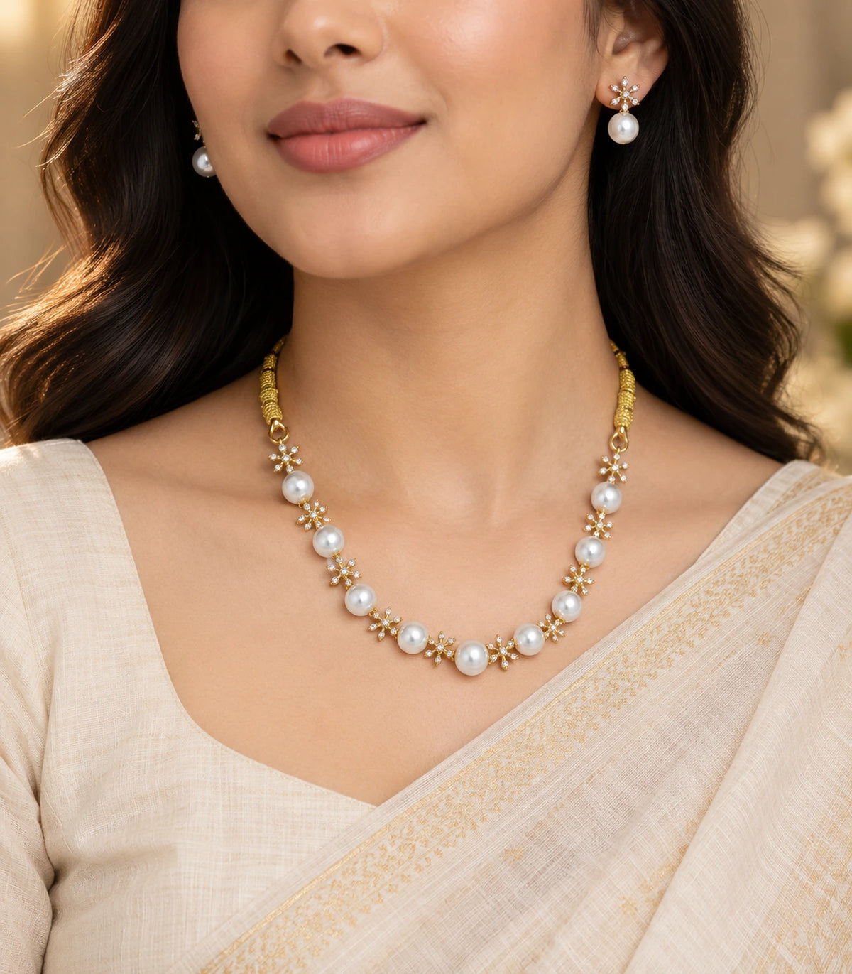 Gold Clear Floral Pearl Necklace Set worn with cream occasion clothing
