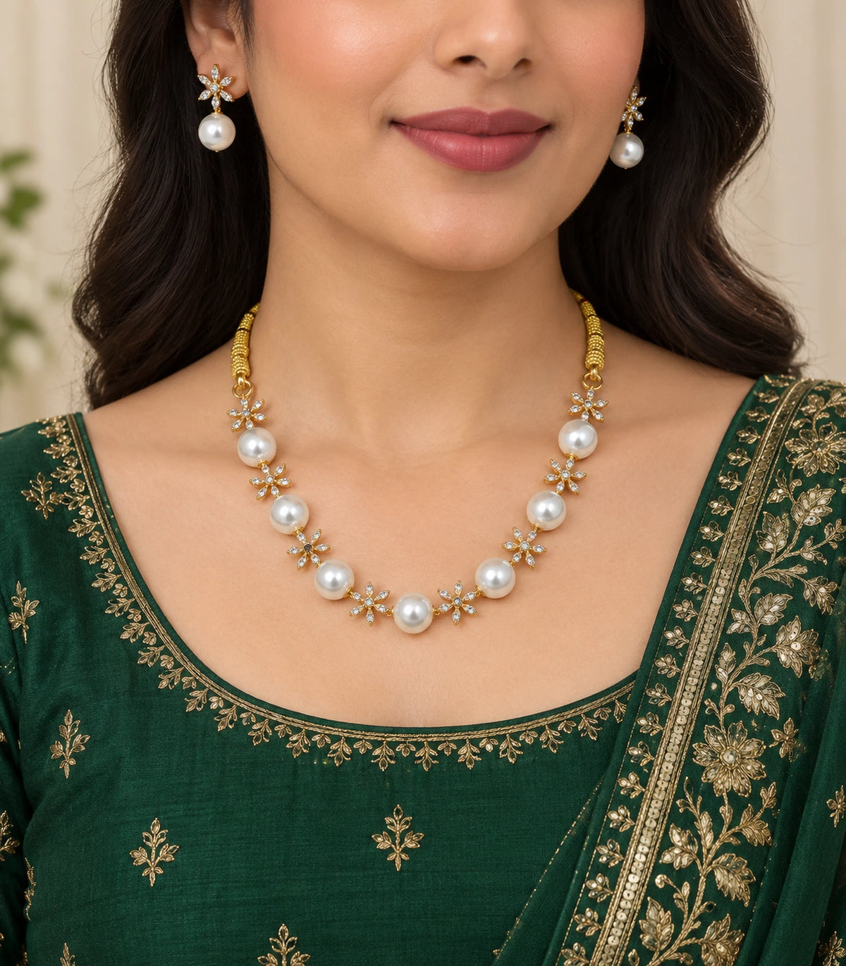 Gold Clear Floral Pearl Necklace Set worn with green occasion clothing