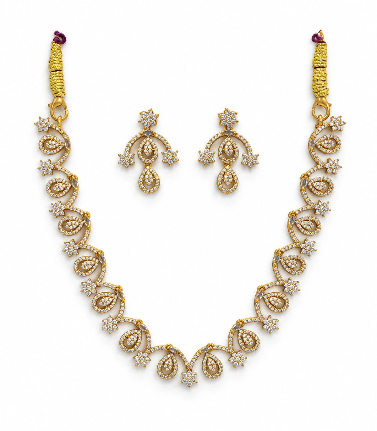 Gold Clear Loop Crystal Necklace Set with one gold-tone necklace and two matching earrings on white