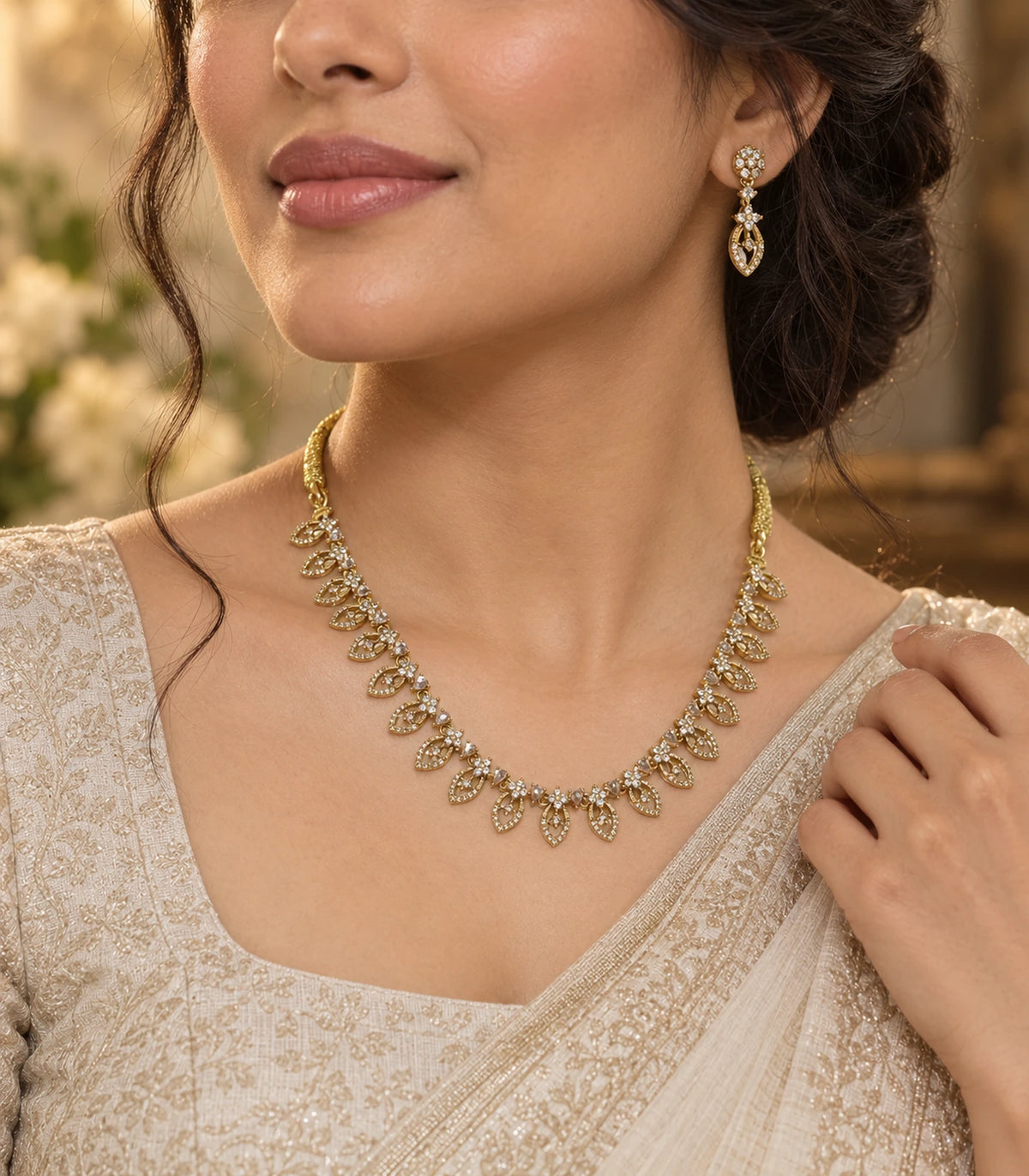 Gold Clear Marquise Crystal Necklace Set styled with an ivory occasion outfit