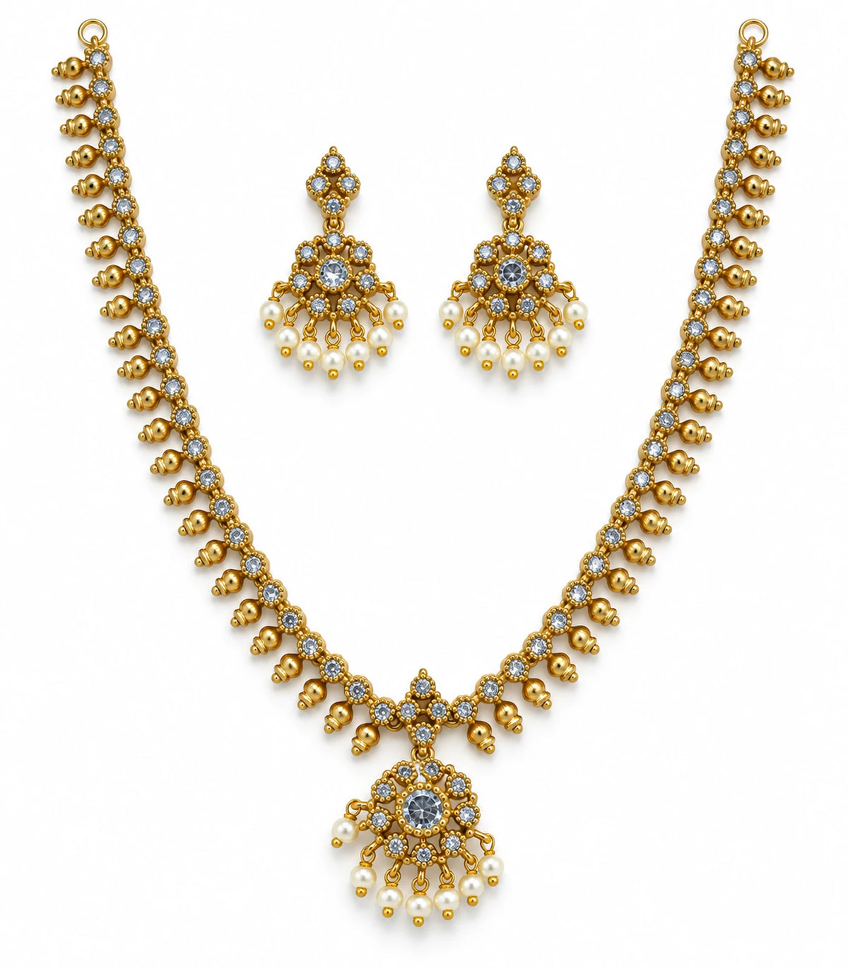 Gold Clear Round Pearl Fringe Pendant Necklace Set with matching earrings on white background
