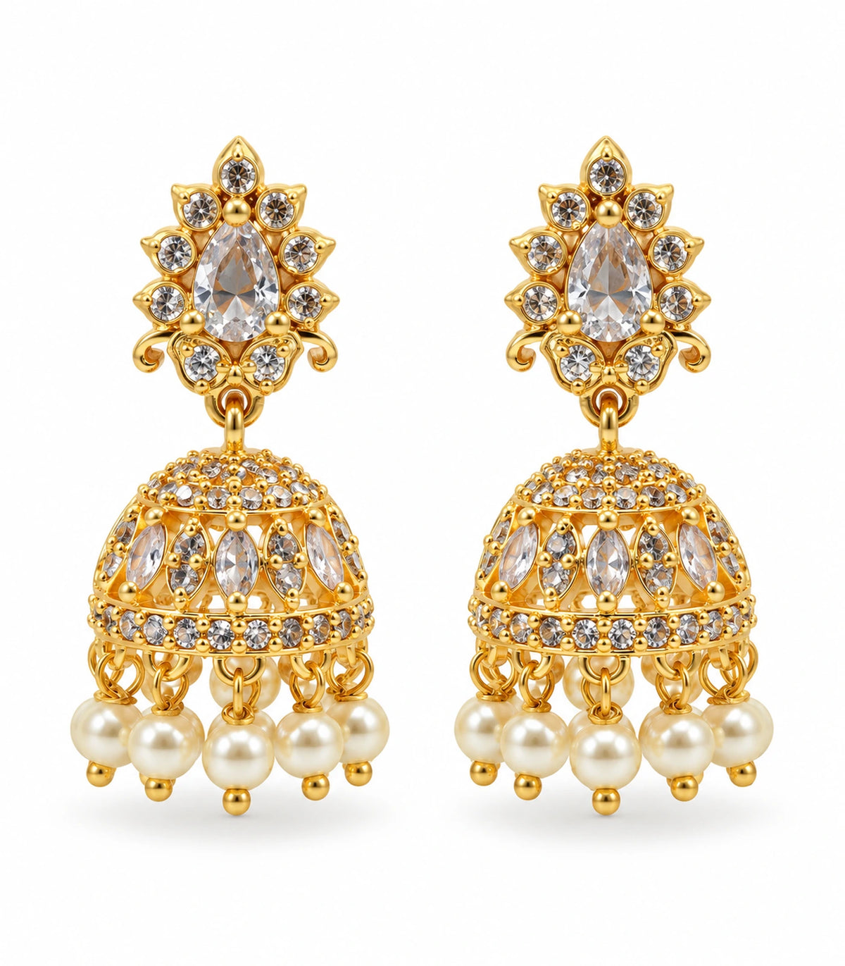 Gold-tone clear teardrop floral jhumka earrings pair on a white background