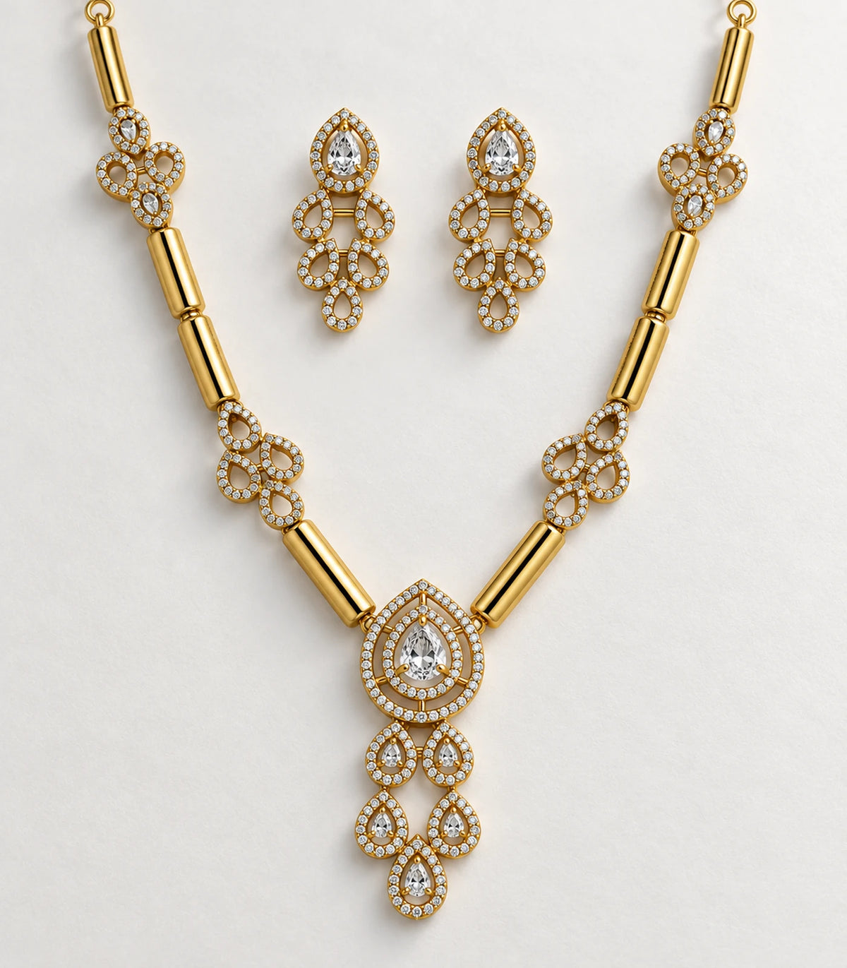 Gold Clear Teardrop Tubular-Link Necklace Set - closeup view