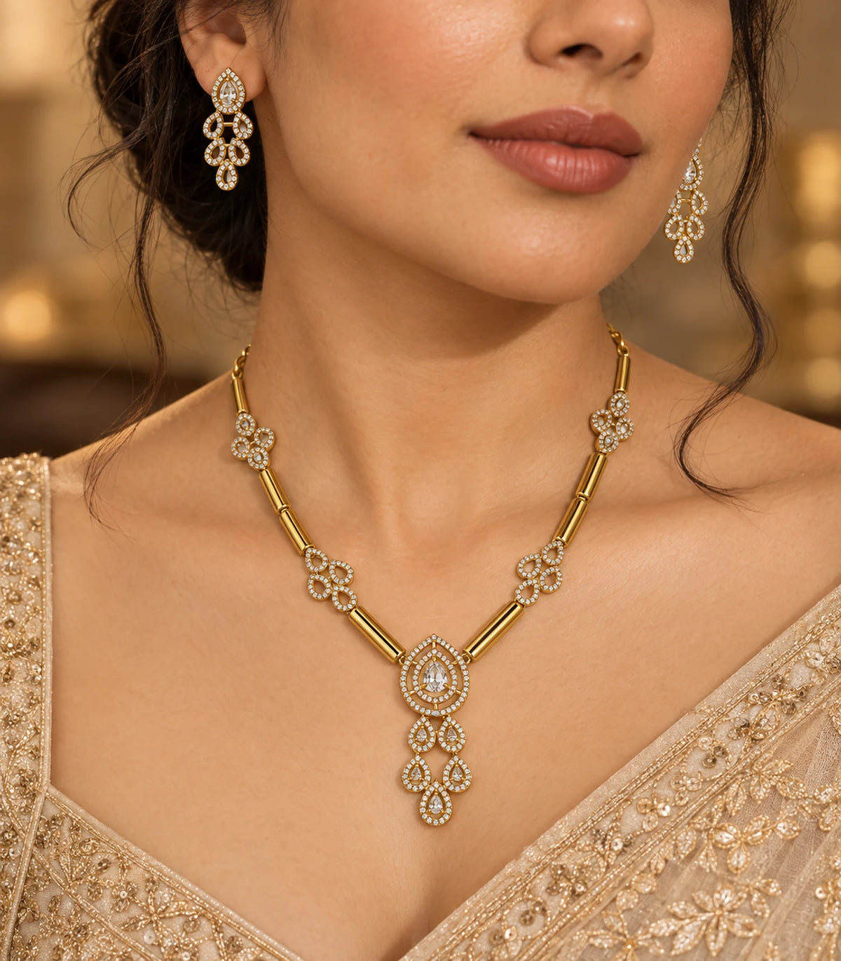 Gold Clear Teardrop Tubular-Link Necklace Set - editorial model view
