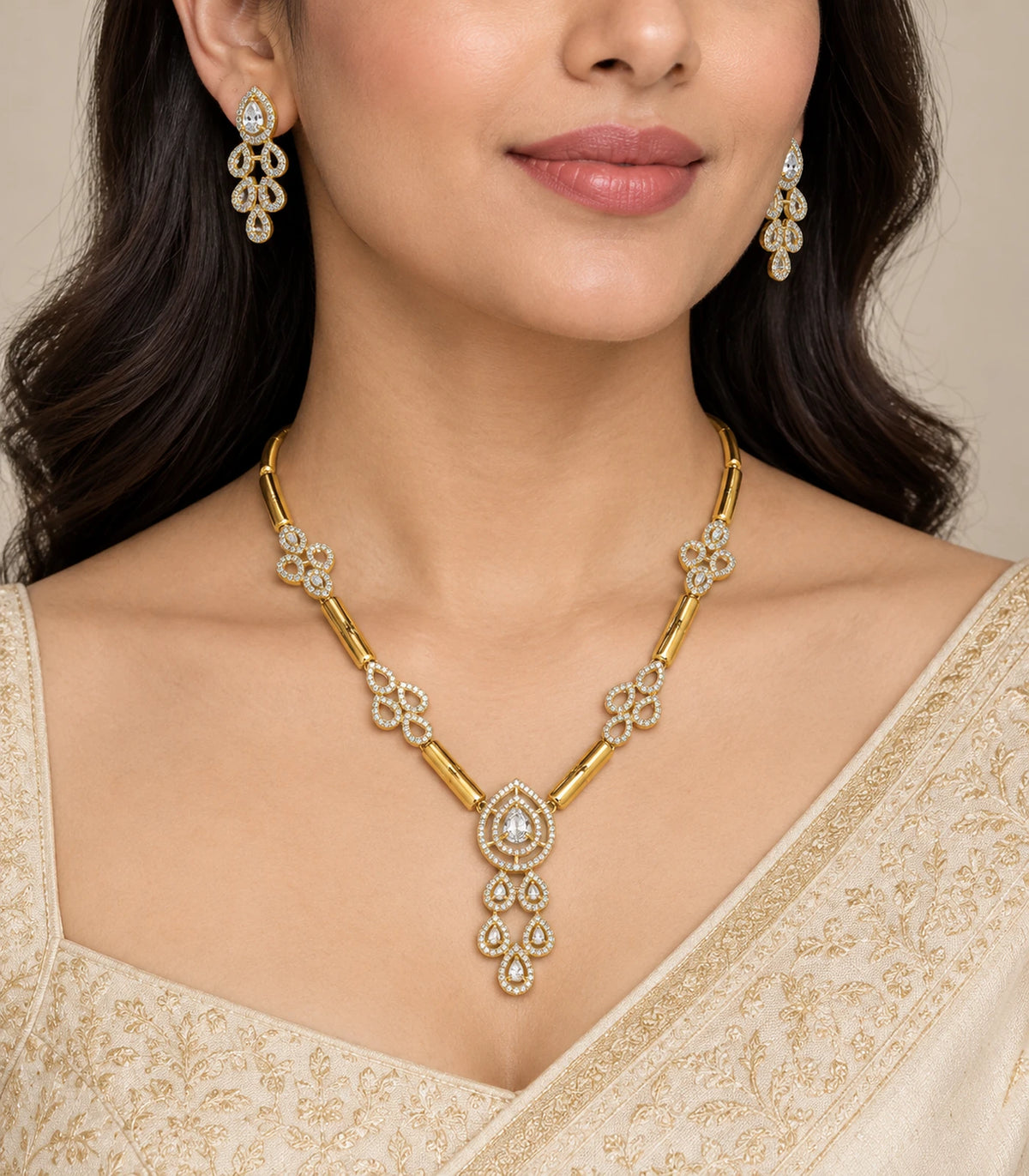 Gold Clear Teardrop Tubular-Link Necklace Set - model view