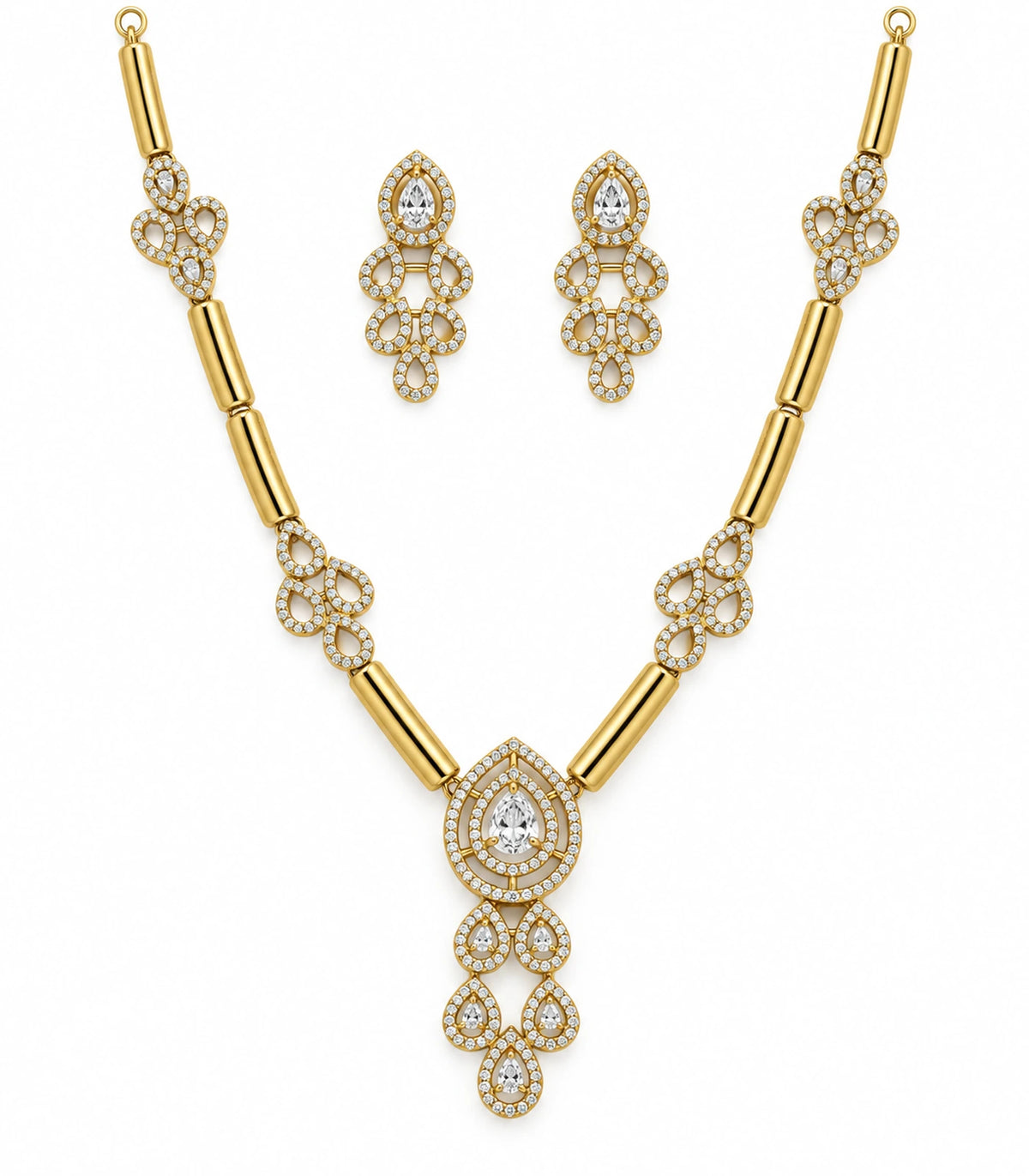 Gold Clear Teardrop Tubular-Link Necklace Set with matching earrings on white background