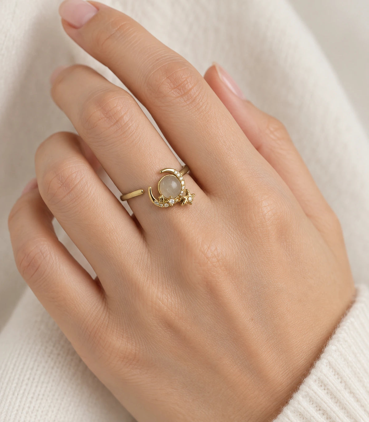 Gold crescent star cabochon open ring — model